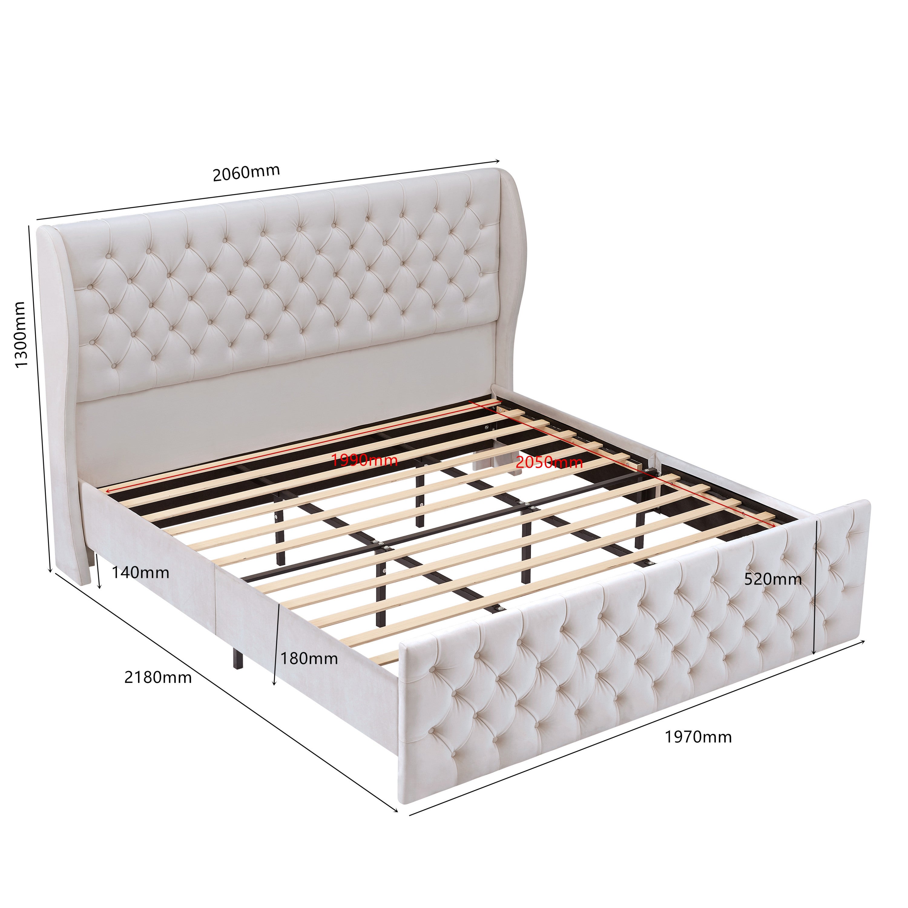 Rodeo Drive Collection Upholstered Wingback Velvet Fabric Chesterfield Bed/Button Tufted Headboard with Vintage Wing/Wood Slat Support/Easy Assemble. King-White