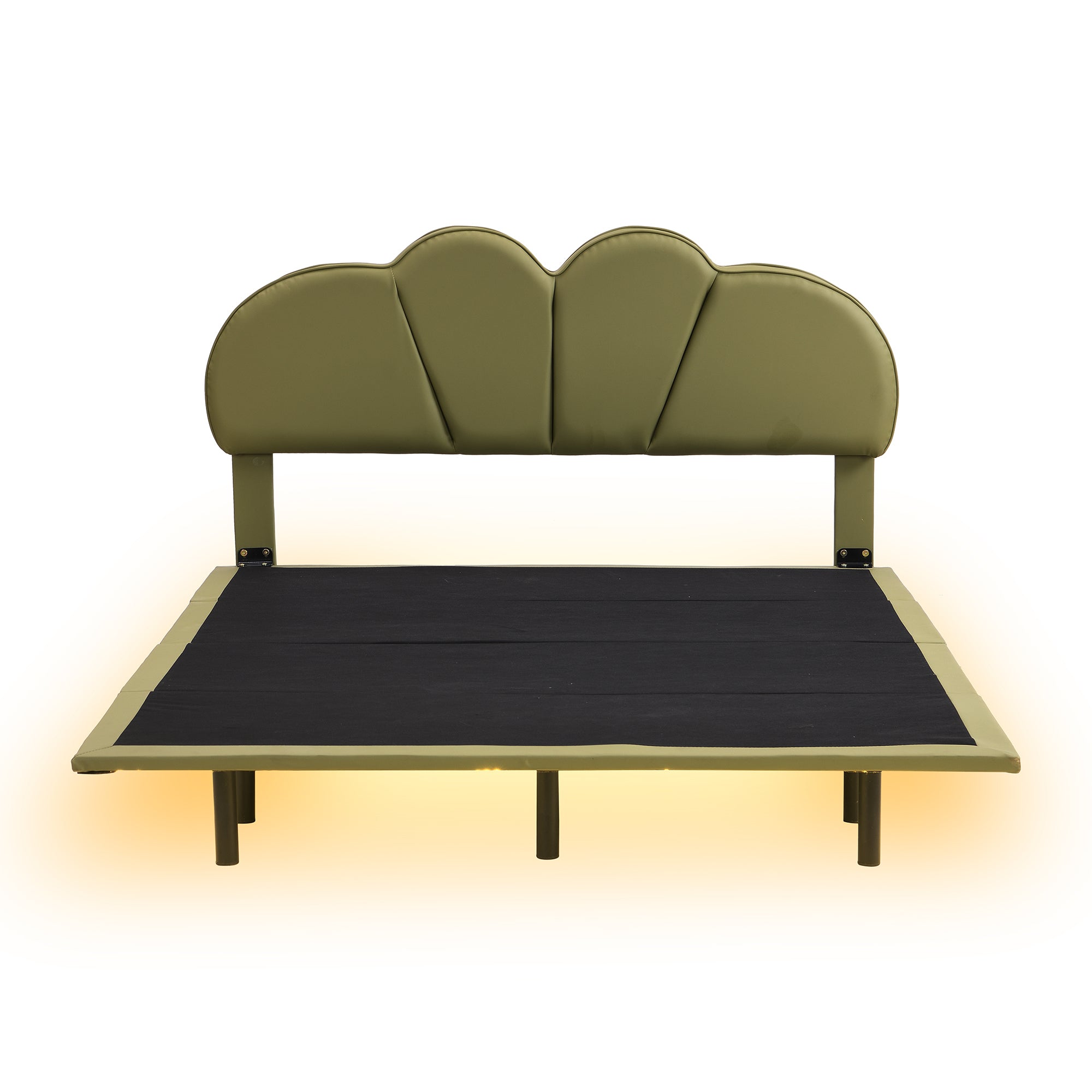 Queen Size Upholstery Platform Bed with PU Leather Headboard and Support Legs,Underbed LED Light,Green