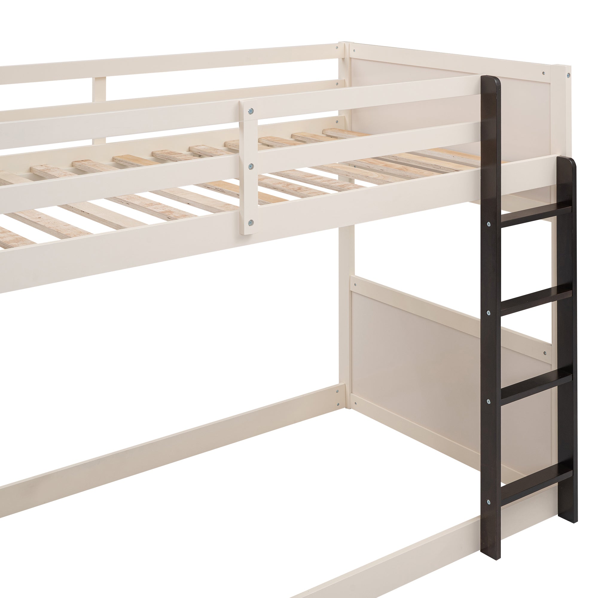Twin over Twin Boat-Like Shape Bunk Bed with Storage Shelves, Cream+Espresso