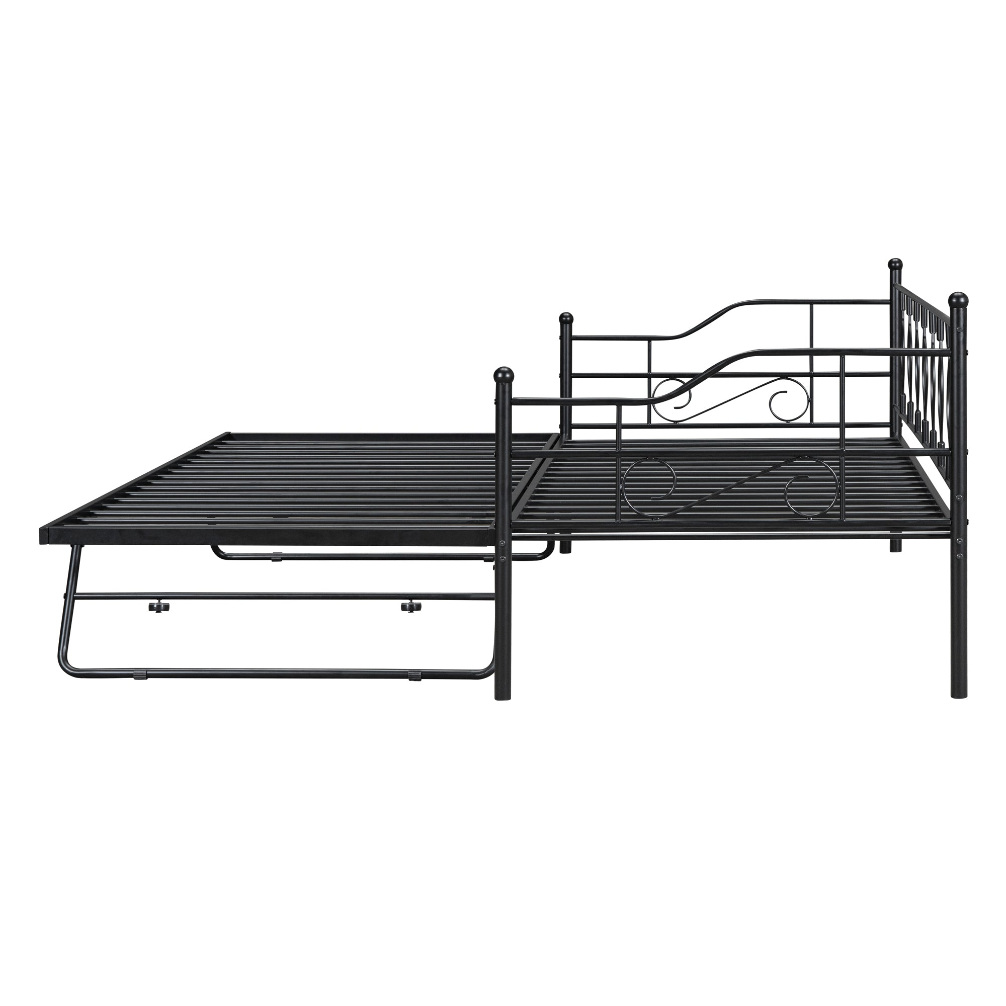 Twin Size Metal Daybed with Twin Size Adjustable Trundle, Portable Folding Trundle, Black