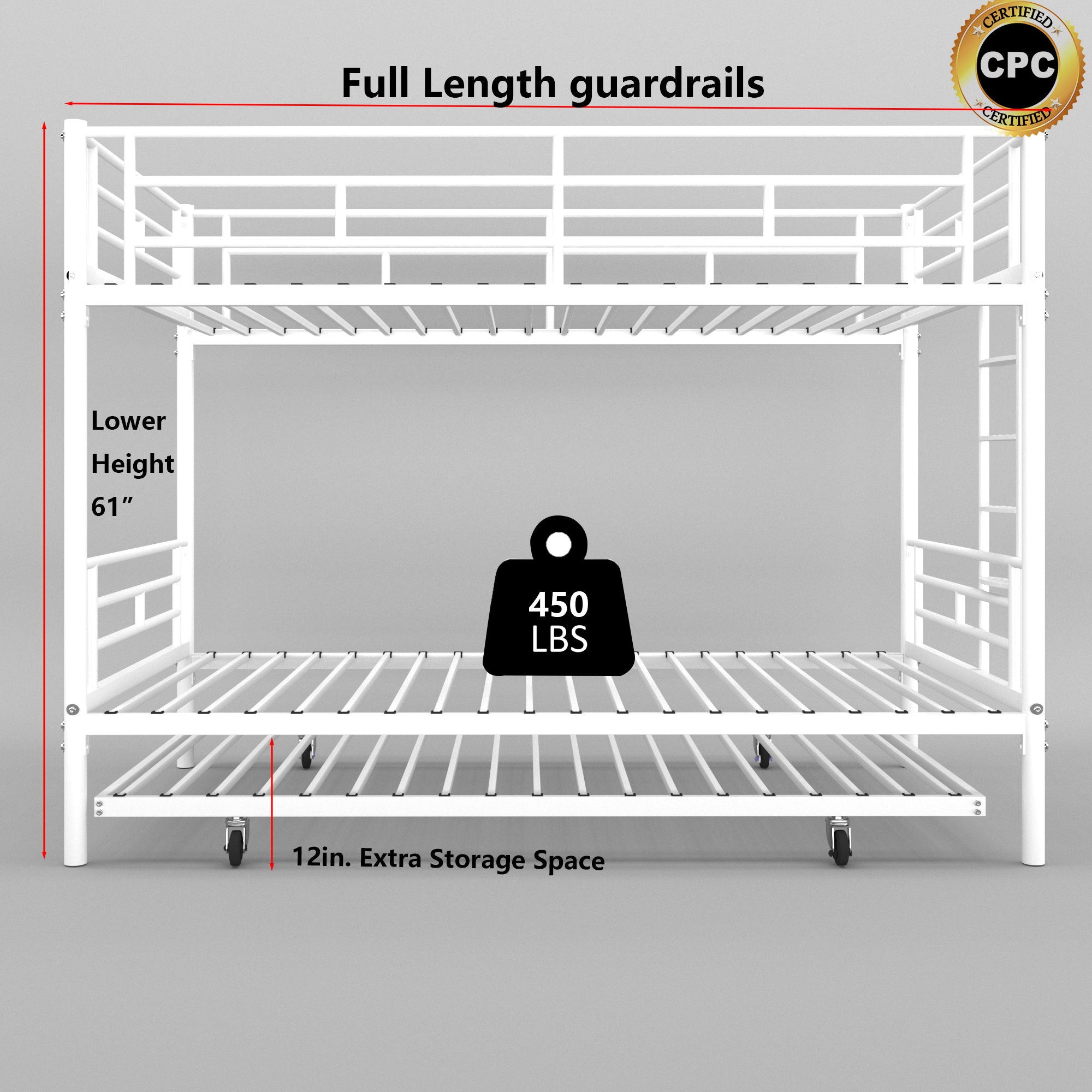 Bunk Bed Twin over Twin with Trundle White,CPC Certified,No Box Spring Needed,Heavy Duty,Easy to assemble