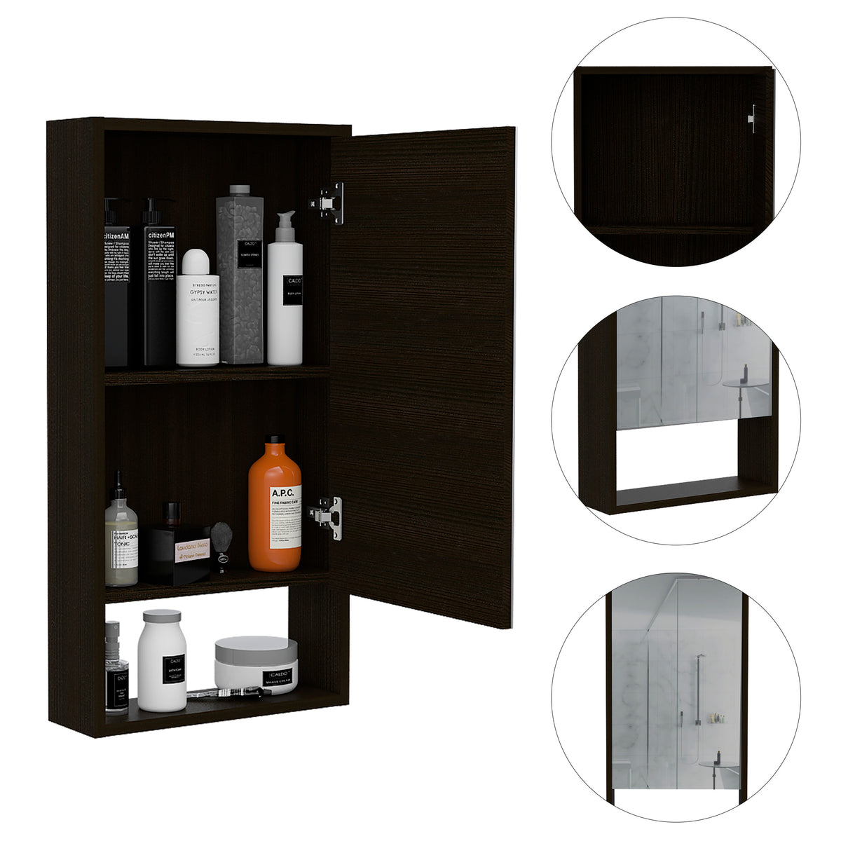 Mariana Medicine Cabinet, One External Shelf, Single Door Mirror Two Internal Shelves -Black