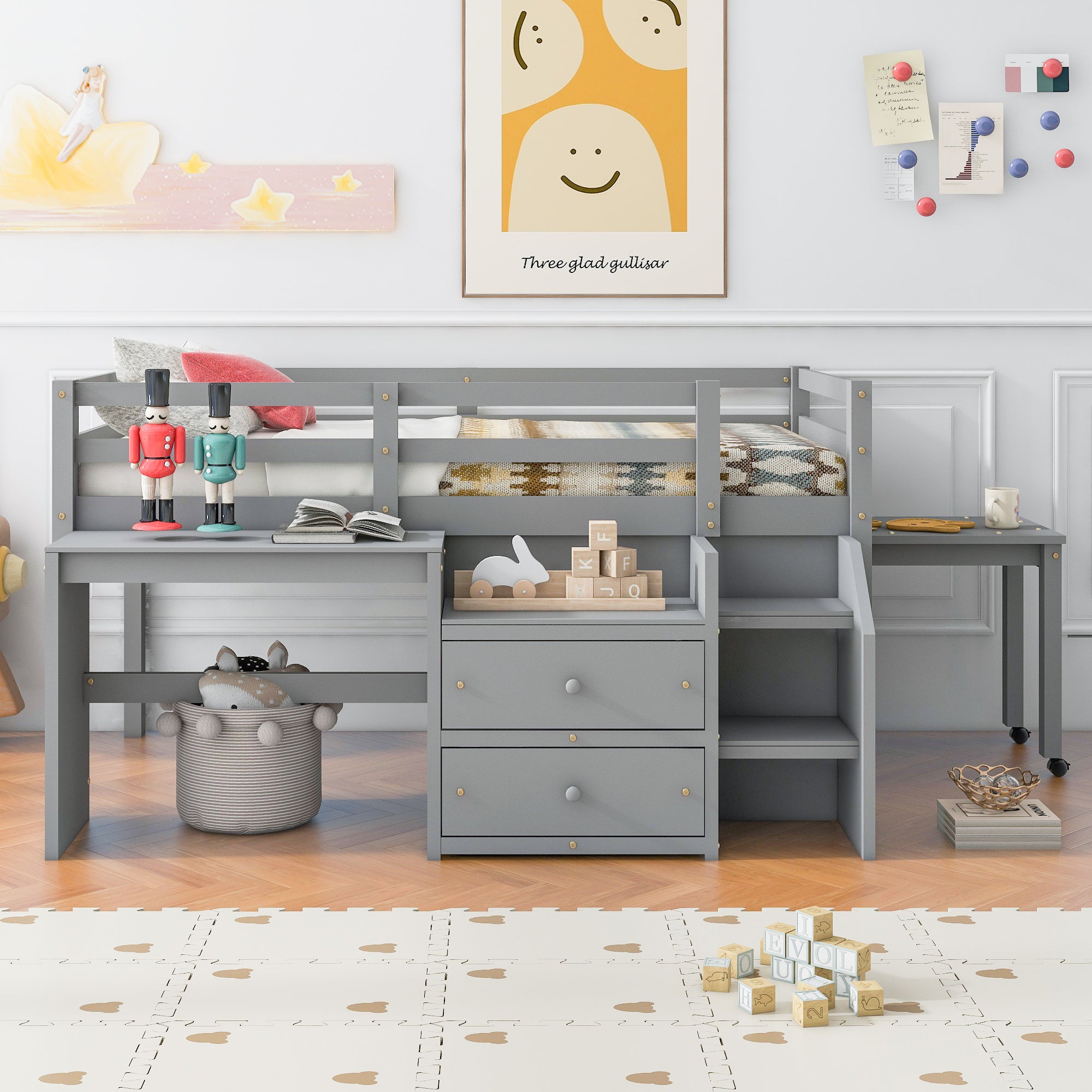 Twin Size Loft Bed with Desk and Drawers, Wooden Loft Bed with Lateral Portable Desk, Gray