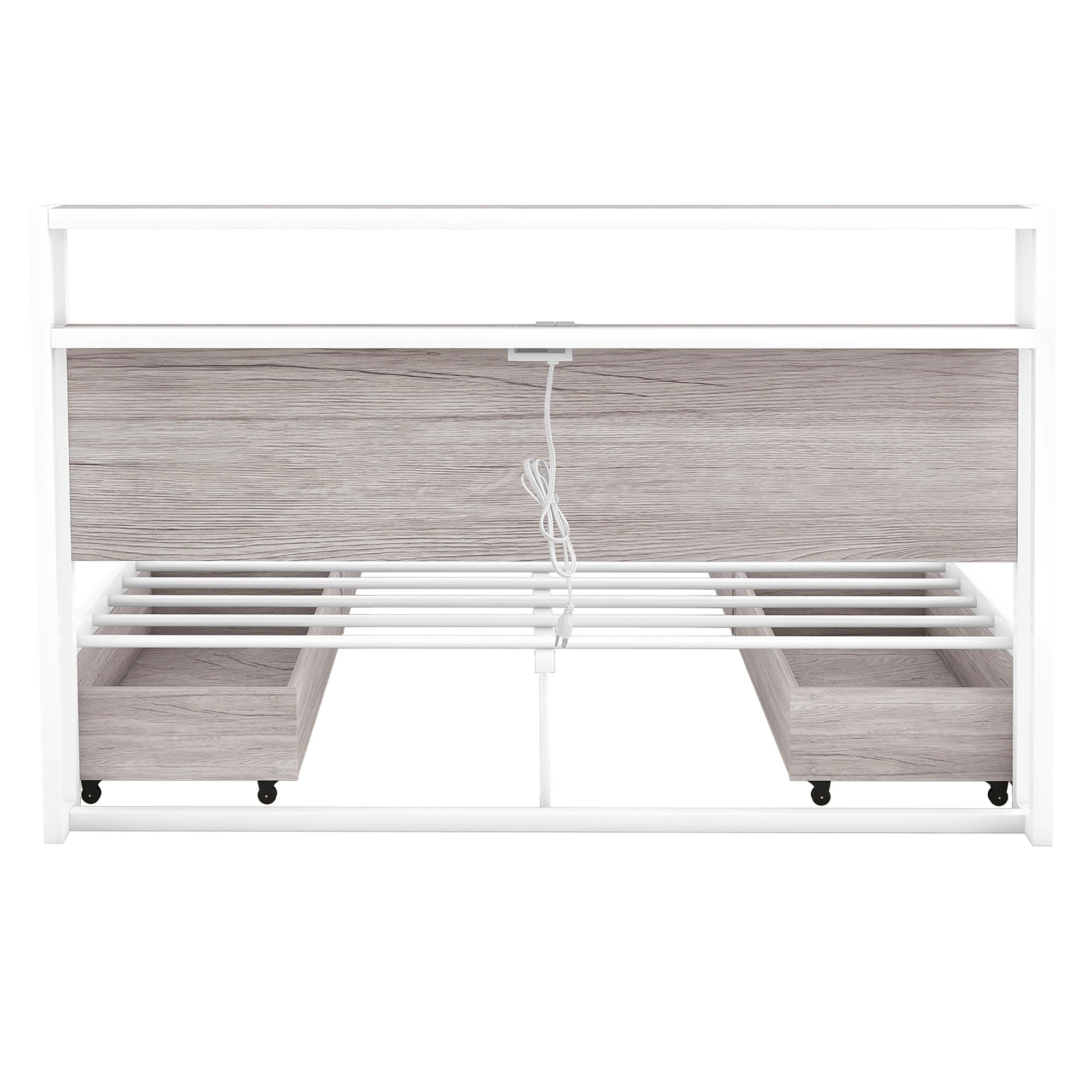 Queen Size Metal Platform Bed Frame with Four Drawers,Sockets and USB Ports ,Slat Support No Box Spring Needed White