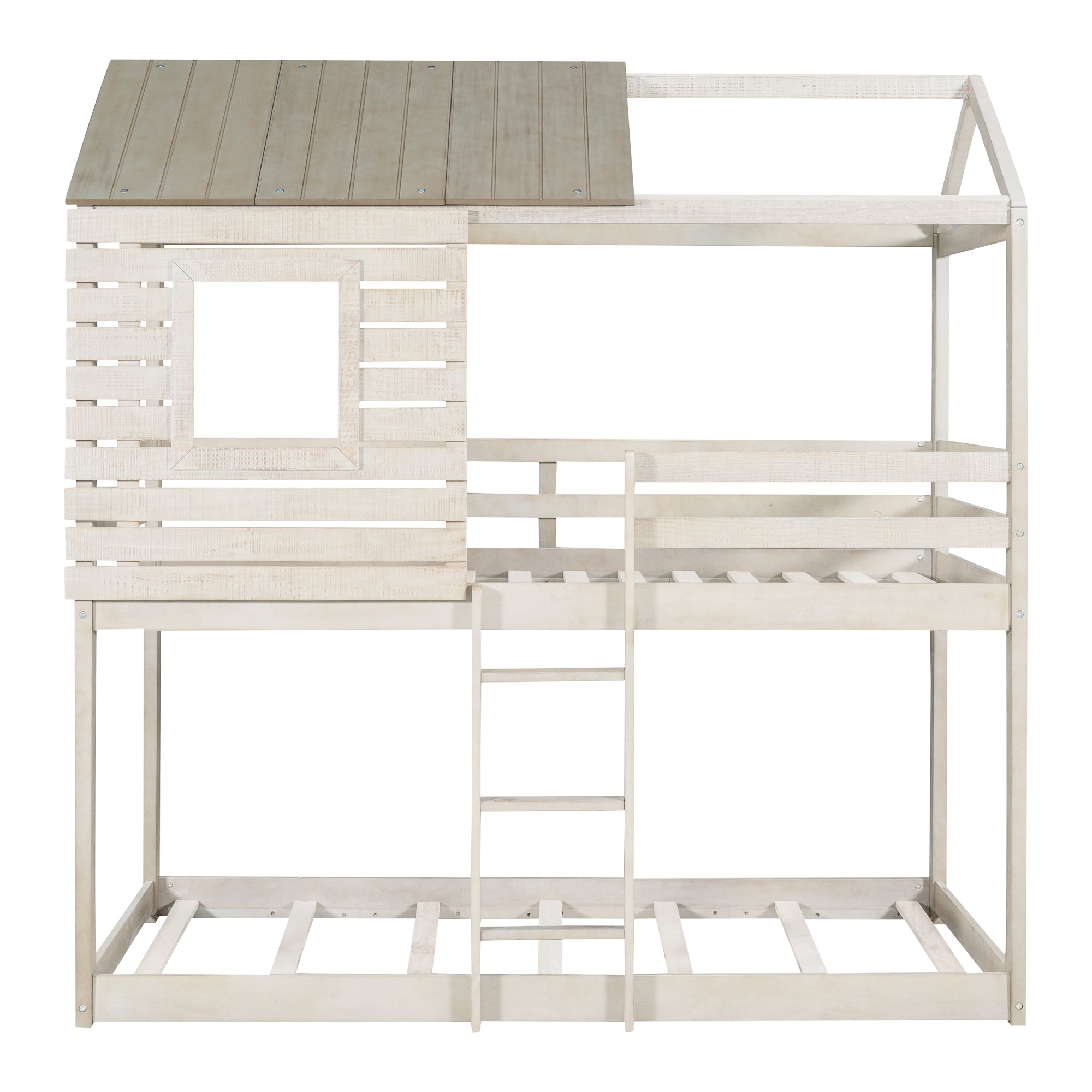 Twin Over Twin Bunk Bed Wood Loft Bed with Roof, Window, Guardrail, Ladder (Antique White )