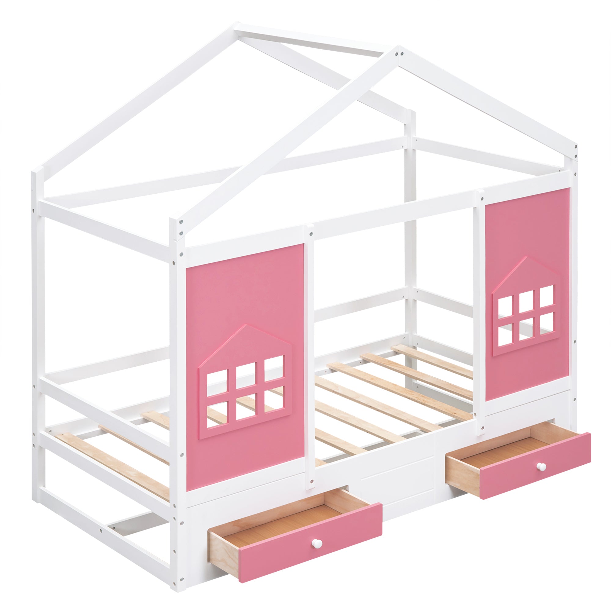 Twin Size Wood House Bed with 2 Drawers and Window Decoration, White+Pink