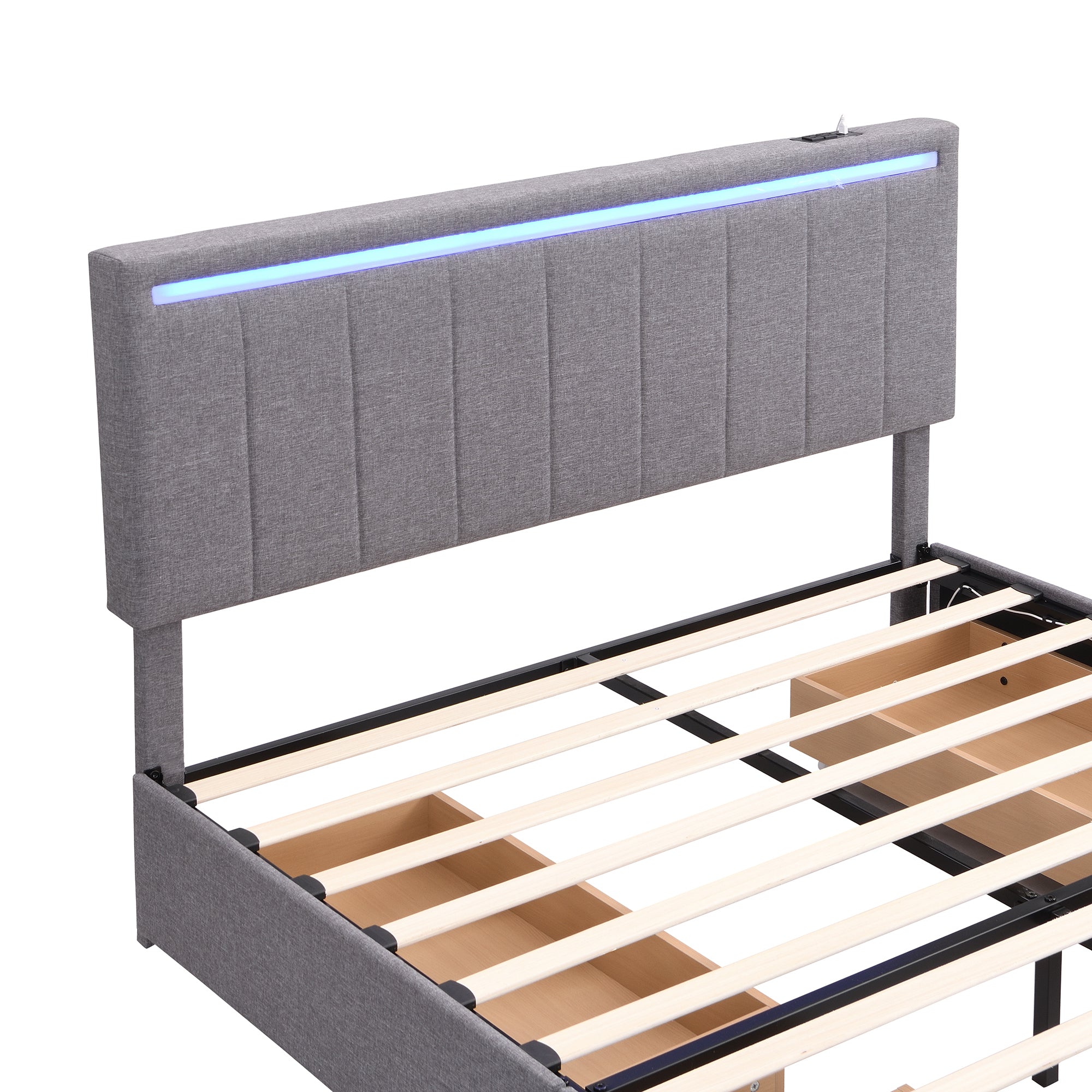 Queen Size Upholstered Bed with LED Light and 4 Drawers,  Modern Platform Bed with a set of Sockets and USB Ports, Linen Fabric, Beige