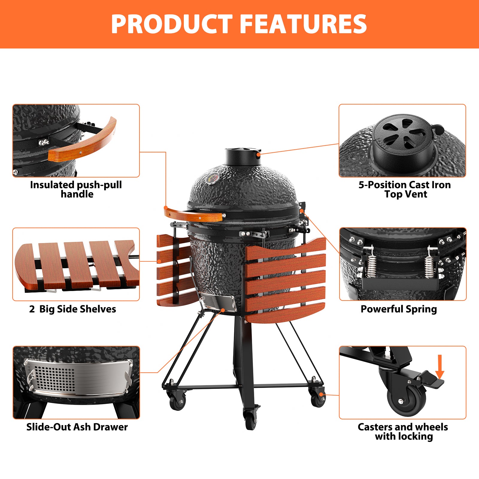 Kamado Portable Charcoal Grill with Side Shelves and Cover