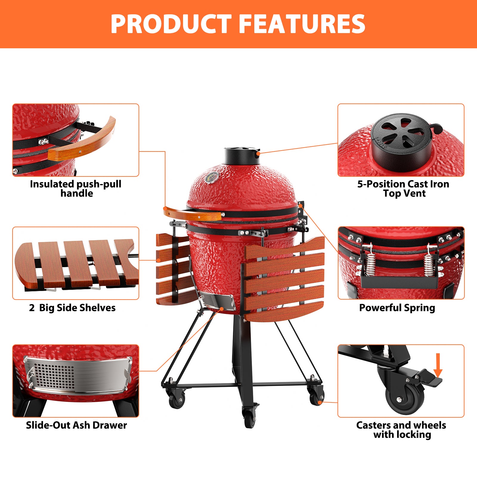 Kamado Portable Charcoal Grill with Side Shelves and Cover