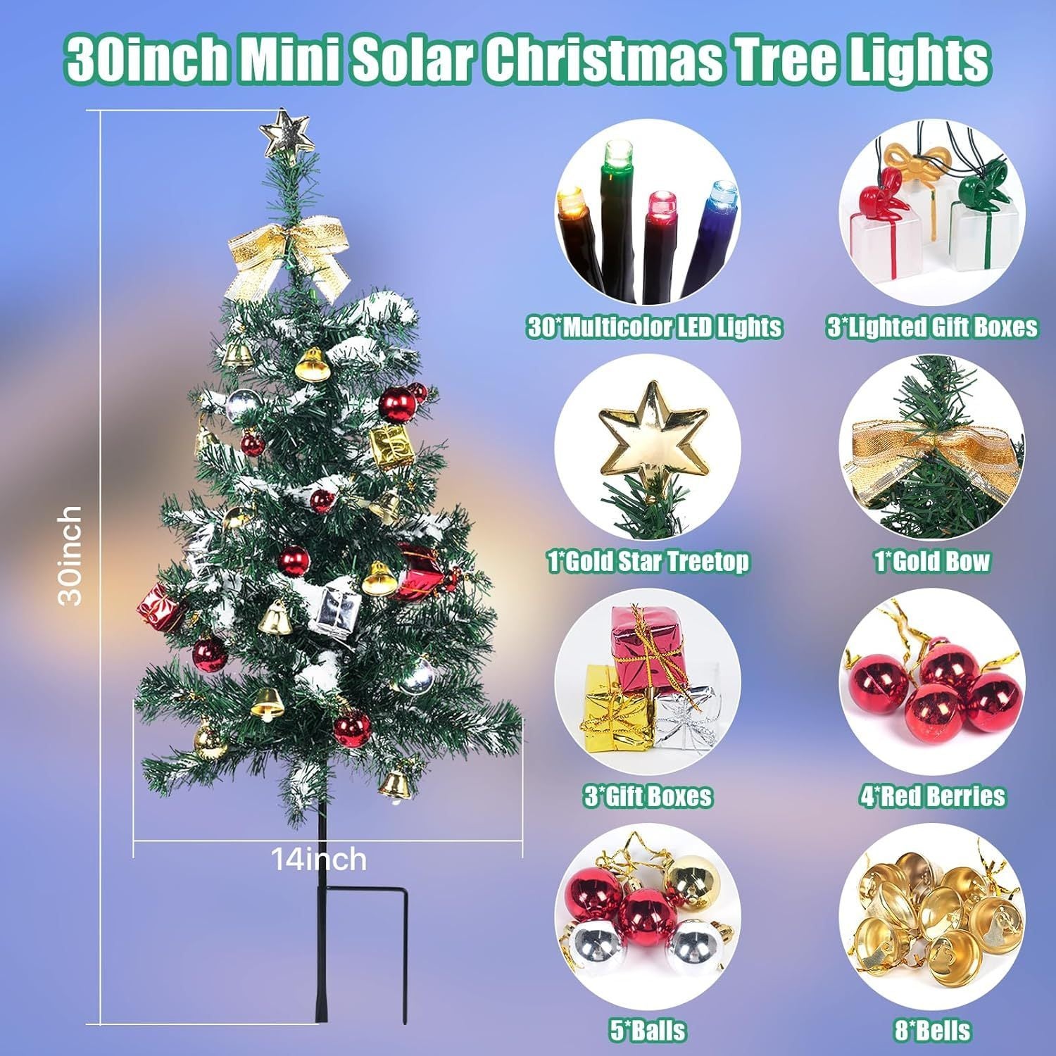 Solar Mini Christmas Tree Light Outdoor Decoration, 30 Inch Solar Tree Lights with 30 LED 8 Flashing Modes Decorated Prelit Gift Boxes & Ornaments for Pathway Patio Yard Garden Cemetery, 2PCS