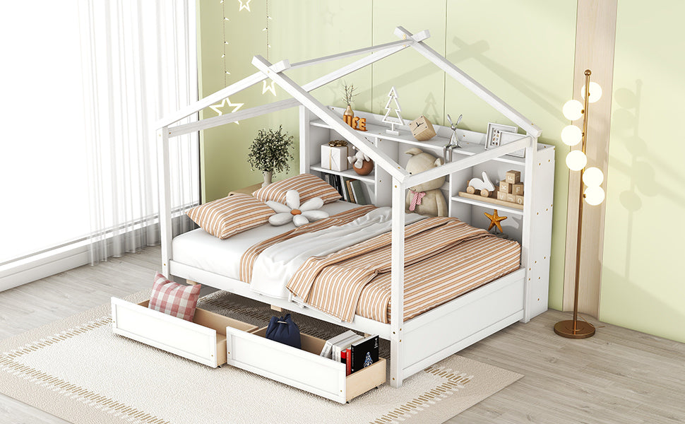 Full Size House Bed with Storage Shelves and 2 Drawers, Brushed White