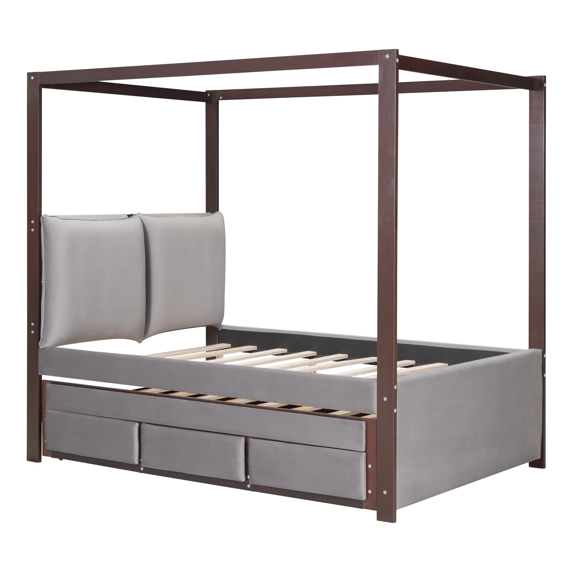 Full Size Upholstered  Canopy Bed with Trundle and 3 Drawers, Gray