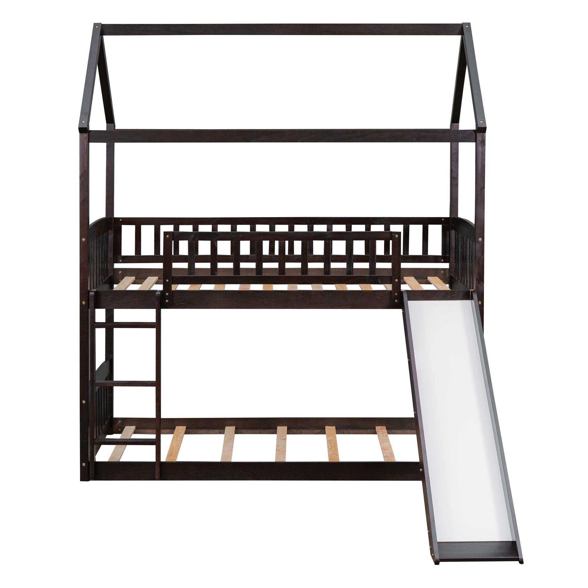 Twin Over Twin Bunk Bed with Slide, House Bed with Slide, Espresso(OLD SKU: LT000213AAP)