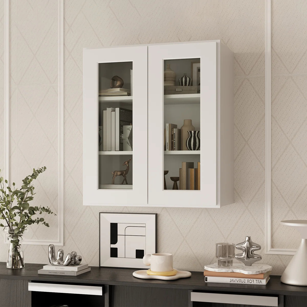 24"W * 30"H * 12"D Shaker White Glass Wall Kitchen Cabinet with Adjustable Shelves
