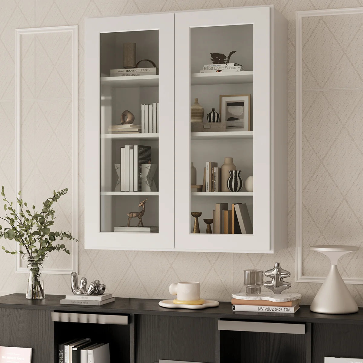 36"W * 42"H * 12"D Shaker White Glass Wall Kitchen Cabinet with Adjustable Shelves