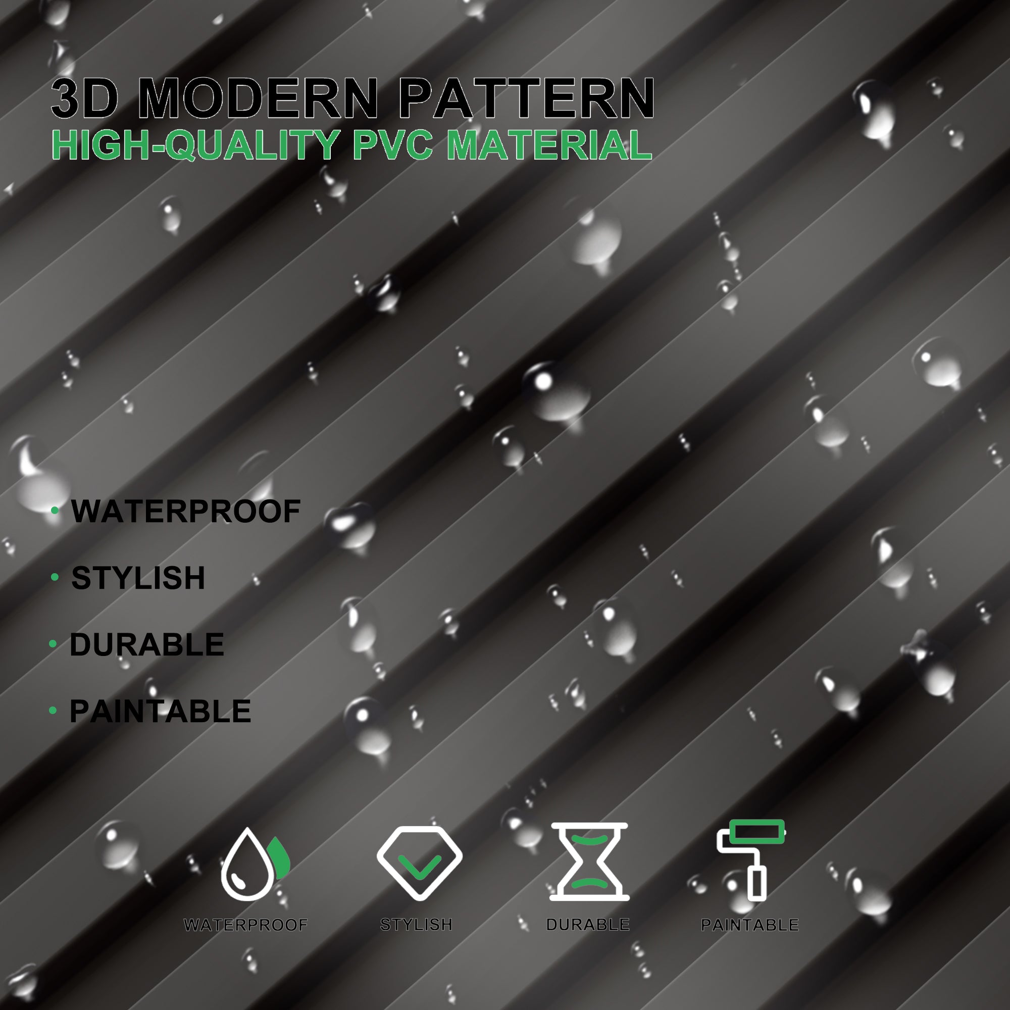 PVC Slat Wall Panel, 2x4 Feet 3D Fluted Textured Panel Black, Suitable for Kitchen, Living Room, and Home 3D Wall Panels(12-Pack, 96 Sq.ft)