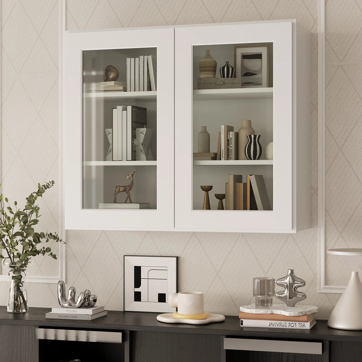 30"W * 36"H * 12"D Shaker White Glass Wall Kitchen Cabinet with Adjustable Shelves