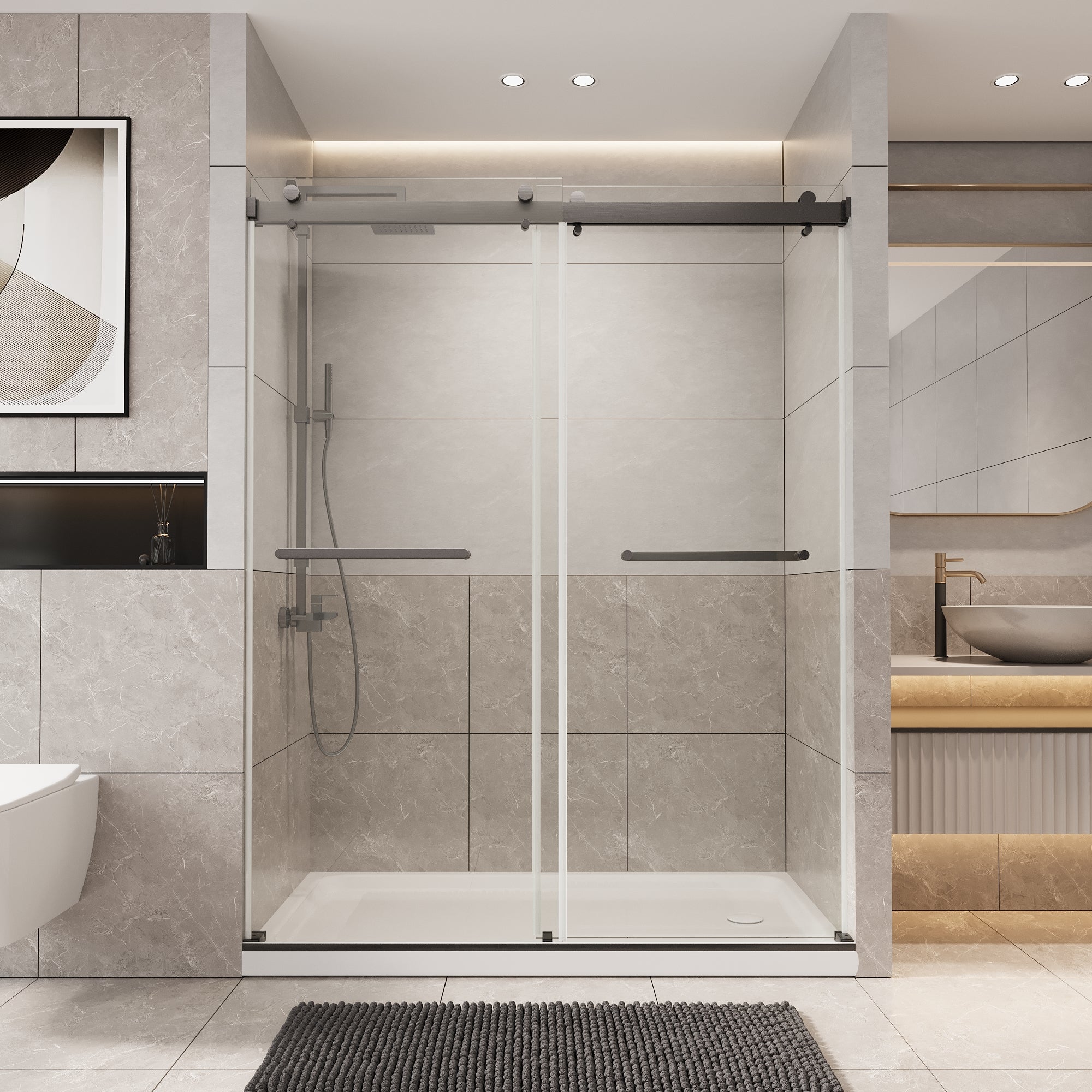 56 to 60'' W x 76'' H Frameless Shower Door, Double Sliding Shower Door with Premium 1/4" (6mm) Thick Tempered Glass, Stainless Steel, Matte Black 30340058BF-Black-hsq