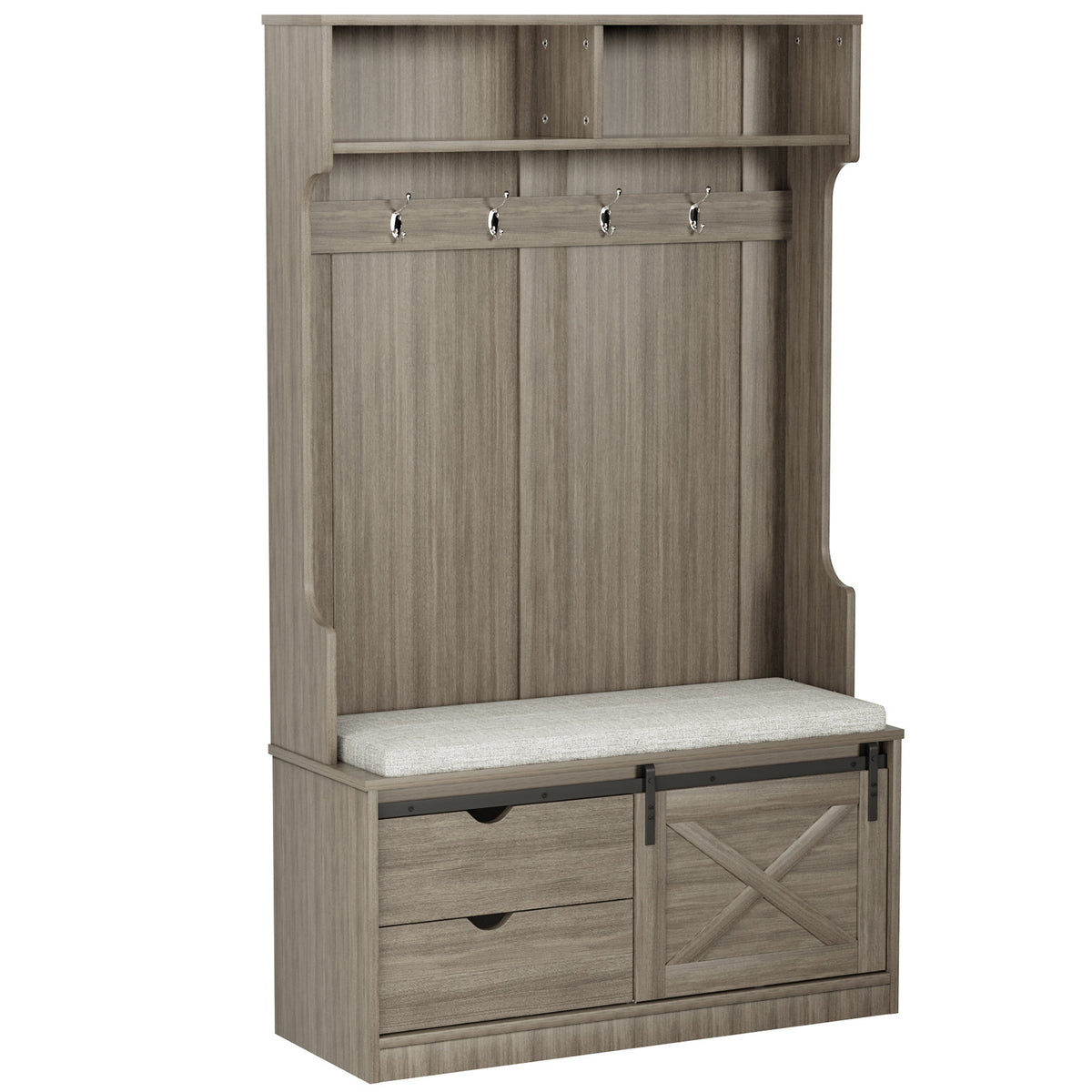 Branda Entryway Hall Tree with Bench and Shoe Storage, Coat Rack with Bench Shoe Storage with Slide Organizer Cabinet Drawer Barn Door and Adjustable Shelf