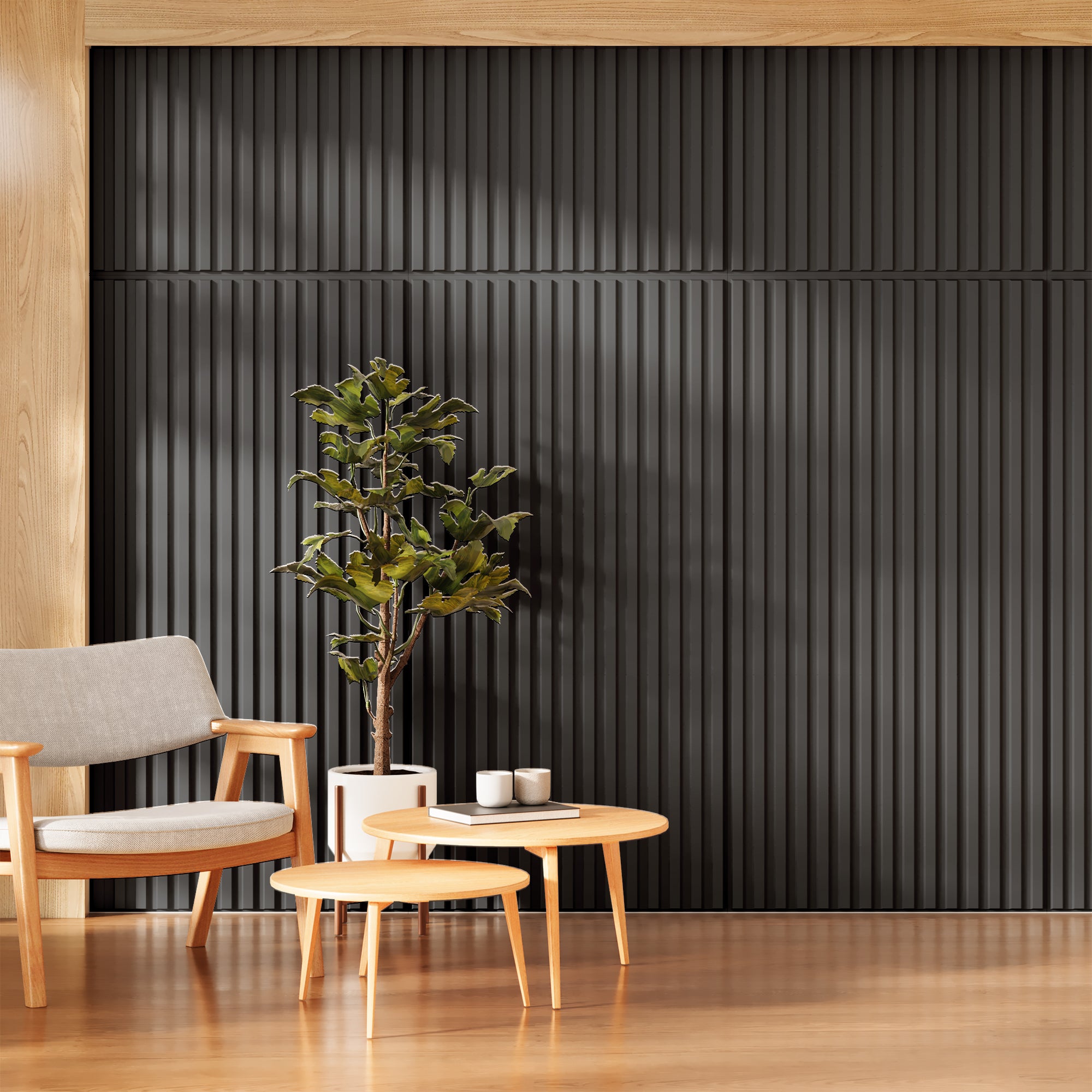 PVC Slat Wall Panel, 2x4 Feet 3D Fluted Textured Panel Black, Suitable for Kitchen, Living Room, and Home 3D Wall Panels(12-Pack, 96 Sq.ft)