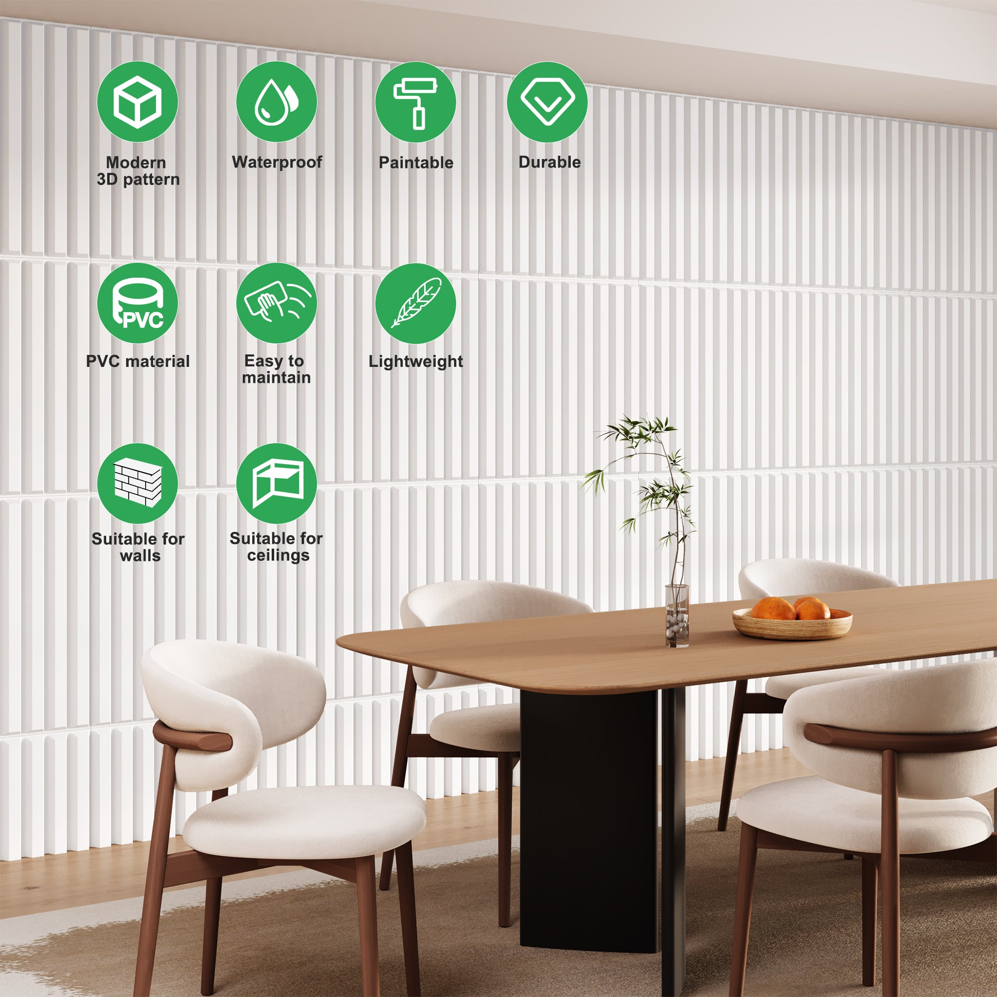 PVC Slat Wall Panel, 19.7 x 19.7in 3D Fluted Textured Panel Black, Suitable for Kitchen, Living Room, and Home 3D Wall Panels(12-Pack, 32 Sq.ft)