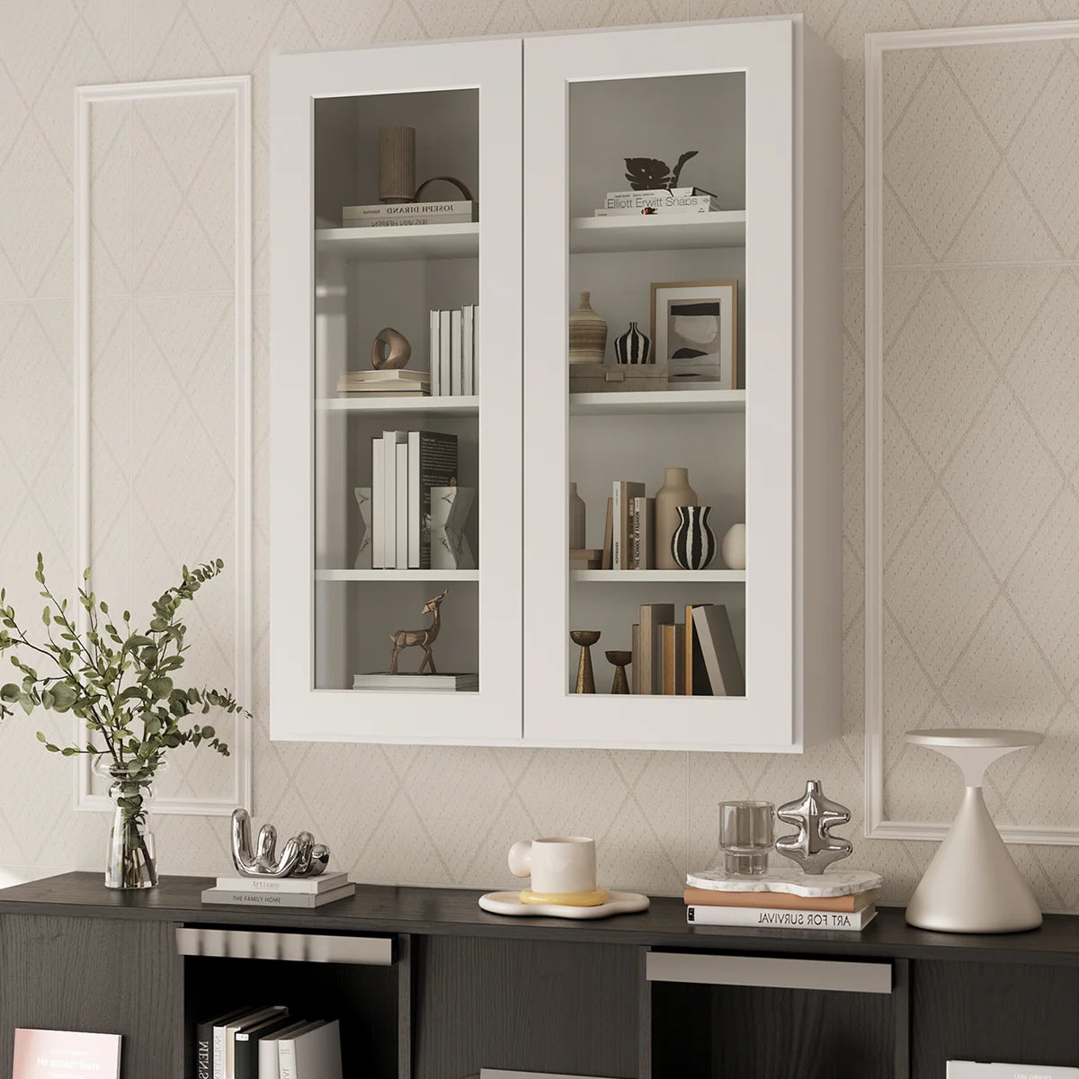 33"W * 42"H * 12"D Shaker White Glass Wall Kitchen Cabinet with Adjustable Shelves