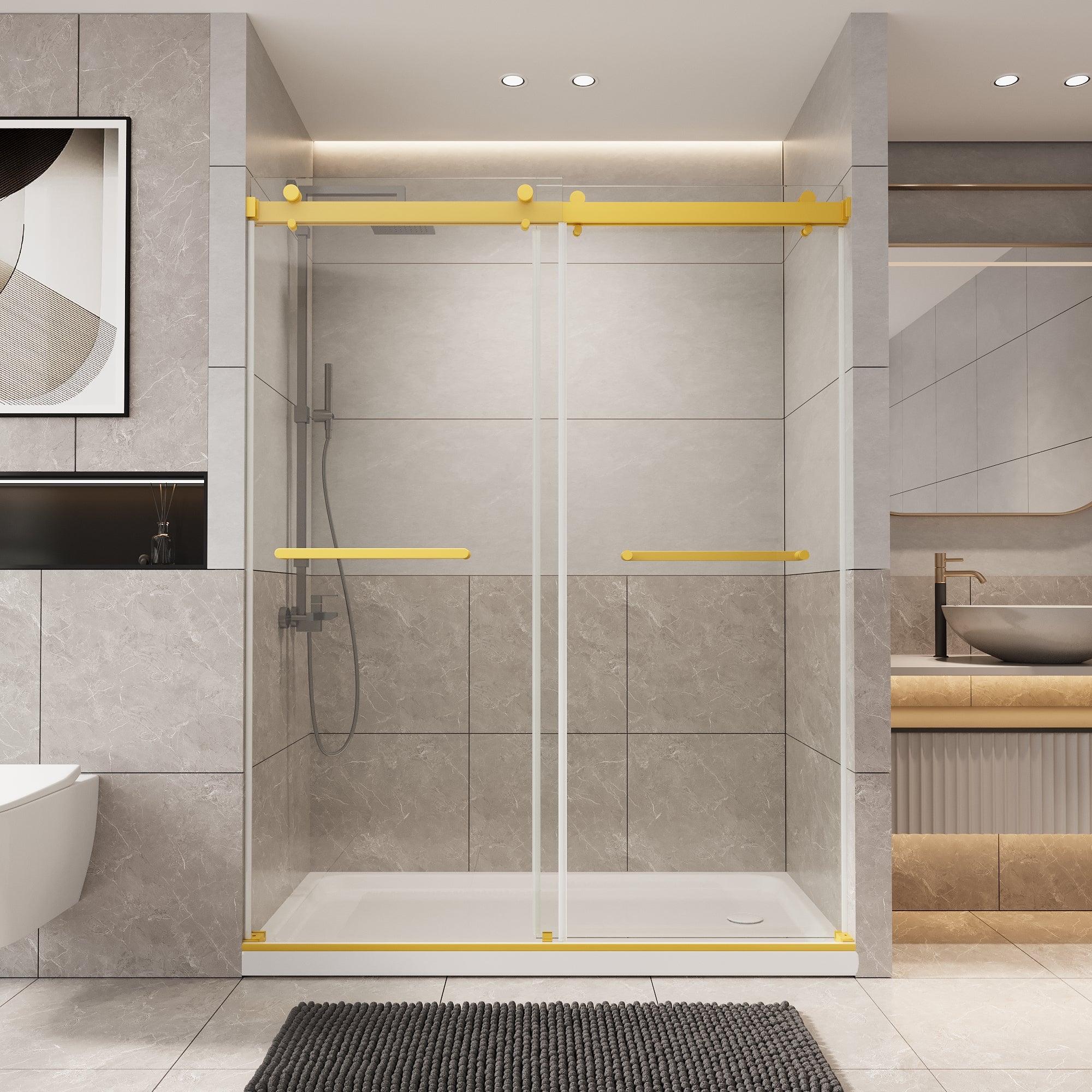 56 to 60'' W x 76'' H Frameless Shower Door, Double Sliding Shower Door with Premium 1/4" (6mm) Thick Tempered Glass, Stainless Steel, Matte Black 30340058BF-Black-hsq