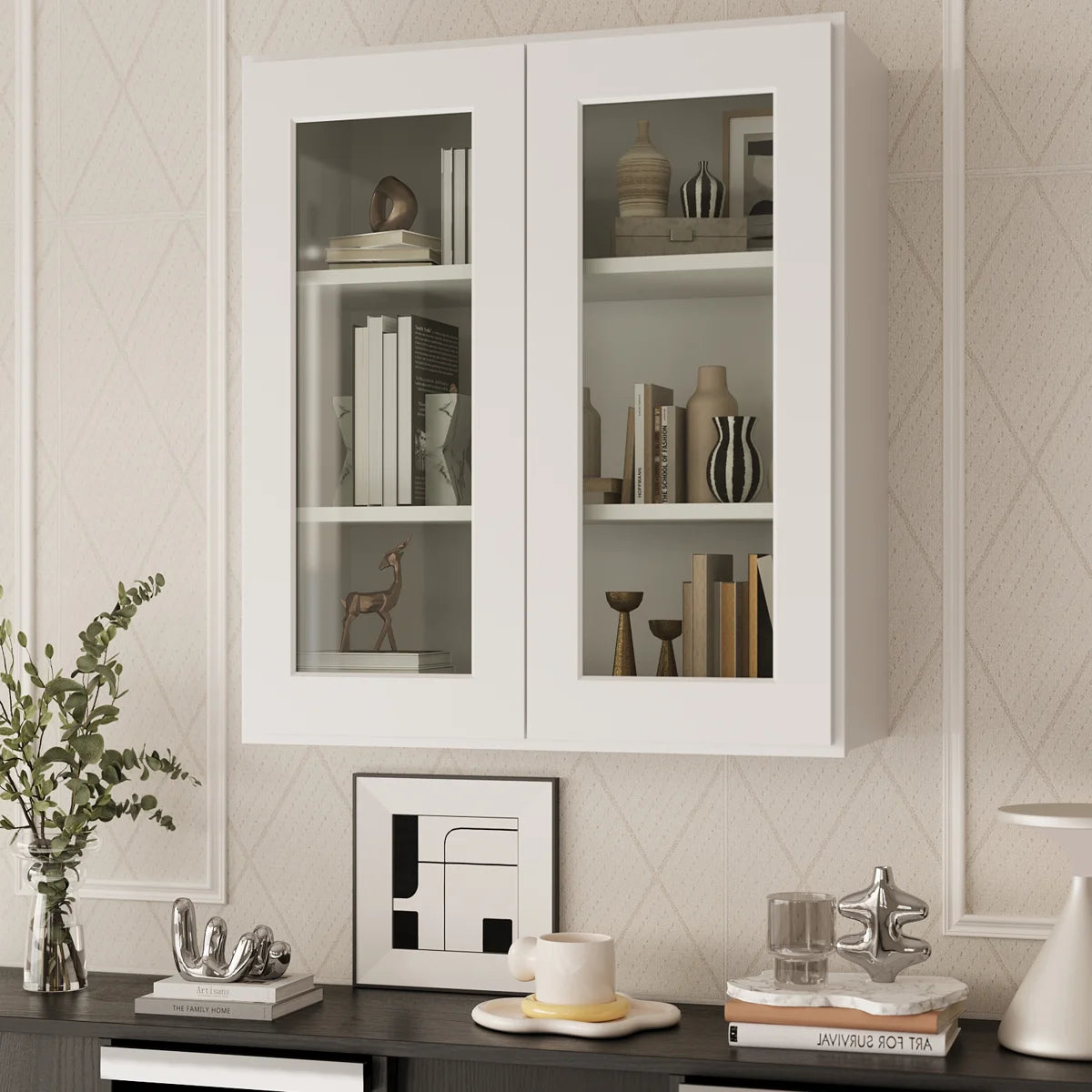 36"W * 30"H * 12"D Shaker White Glass Wall Kitchen Cabinet with Adjustable Shelves
