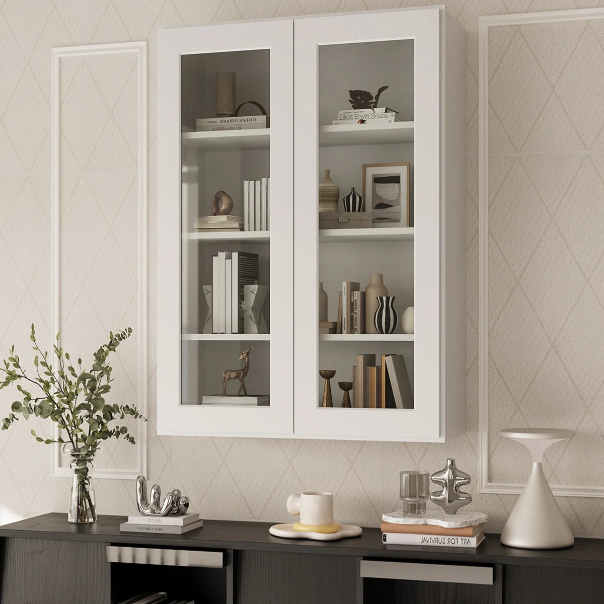 30"W * 42"H * 12"D Shaker White Glass Wall Kitchen Cabinet with Adjustable Shelves