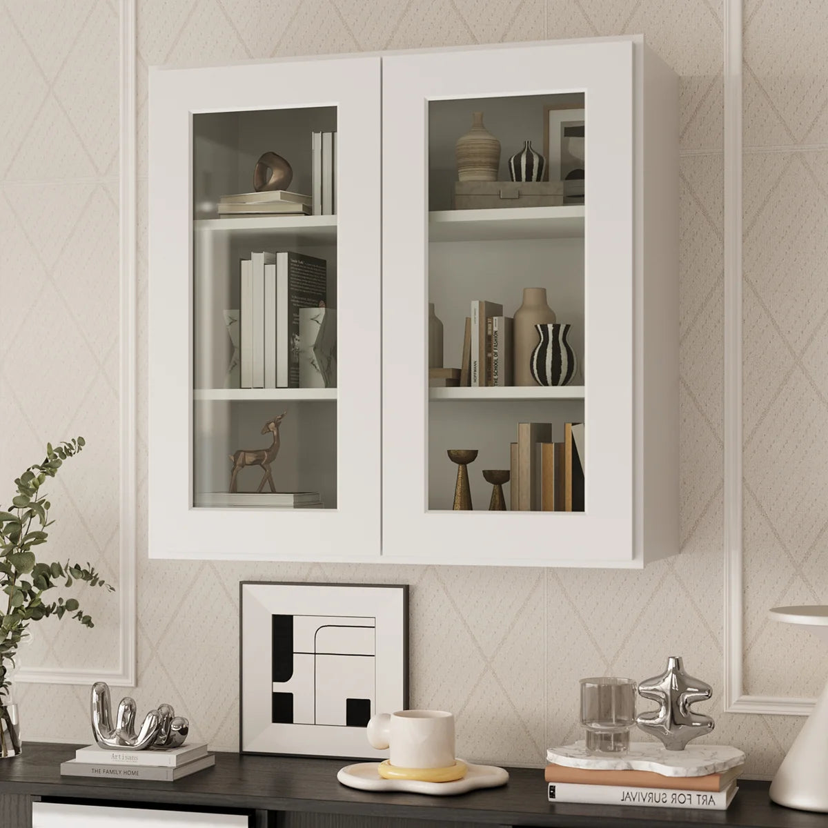 33"W * 36"H * 12"D Shaker White Glass Wall Kitchen Cabinet with Adjustable Shelves