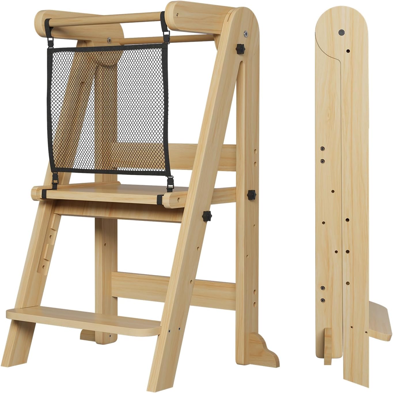 Foldable Toddler Kitchen Tower, 3 Adjustable Height Wooden Step Stool, Toddler Standing Tower with Safety Net