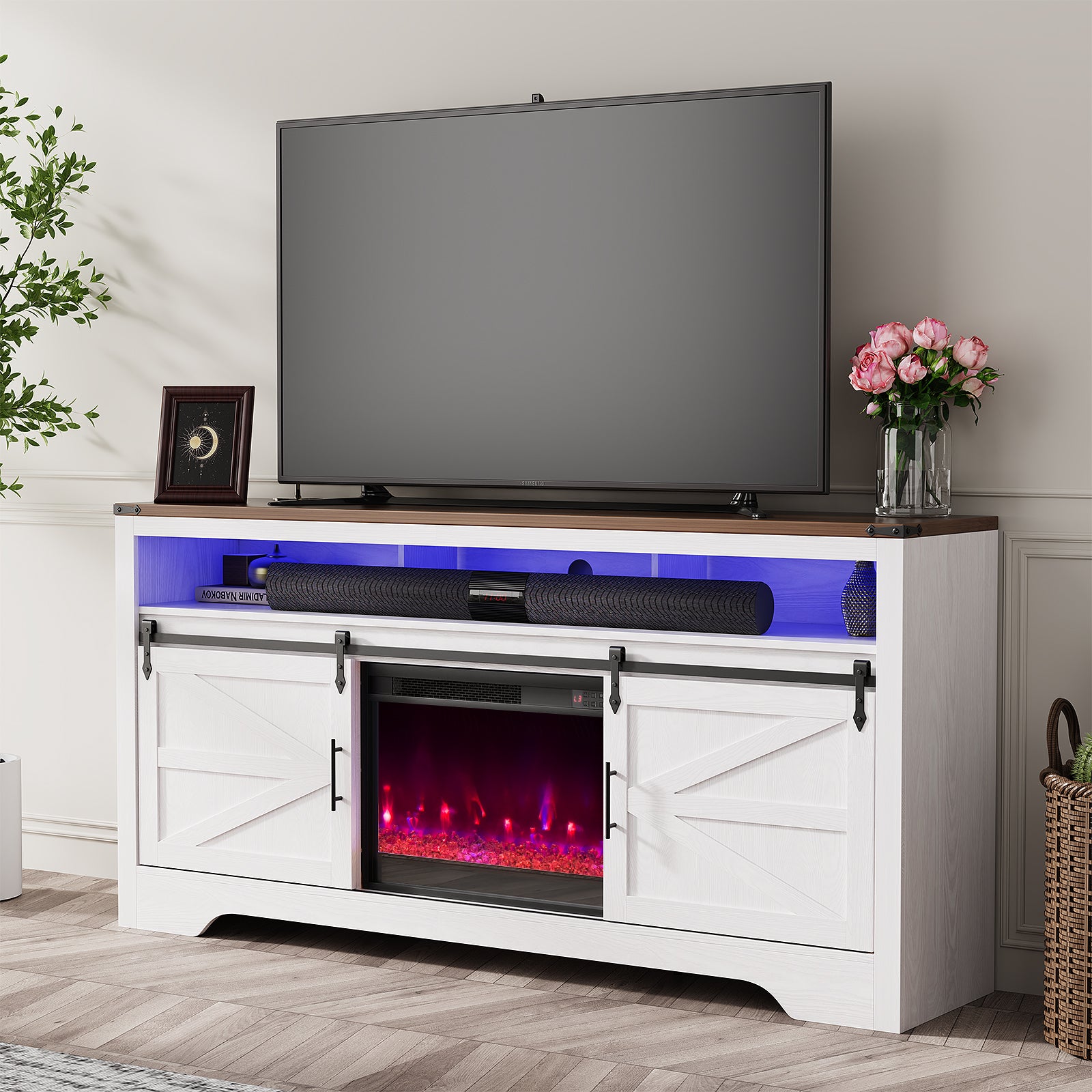 70 in. Freestanding Electric Fireplace TV Stand in white with 16-RBG Color Lights for TVs up to 80 in.