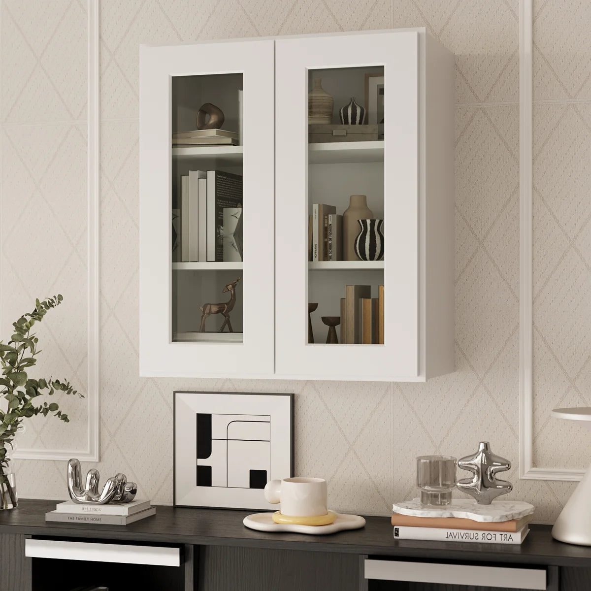 27"W * 36"H * 12"D Shaker White Glass Wall Kitchen Cabinet with Adjustable Shelves