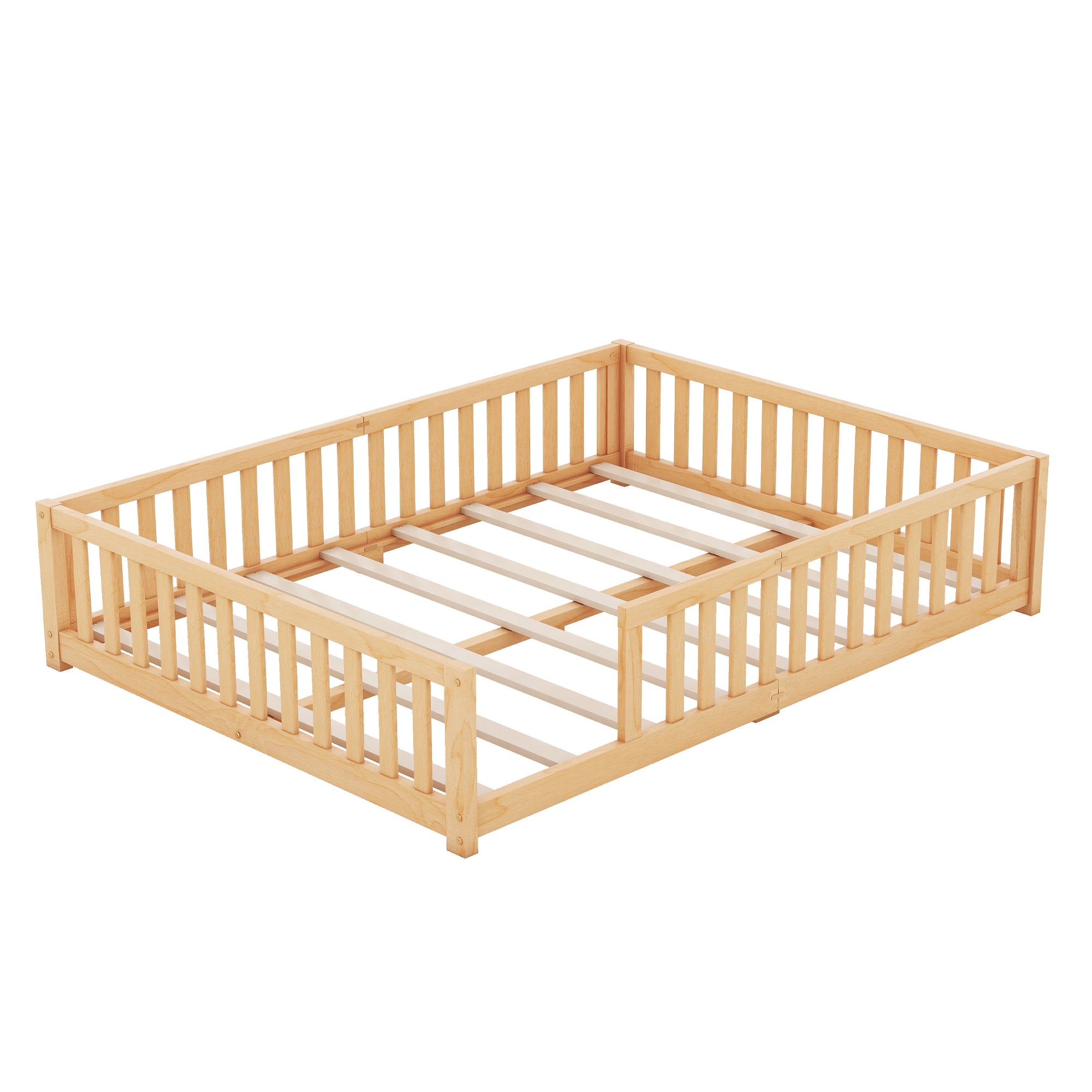 Queen Size Bed Floor Bed with Safety Guardrails and Door for Kids, Natural (Expect Arrival Date Nov.2nd)