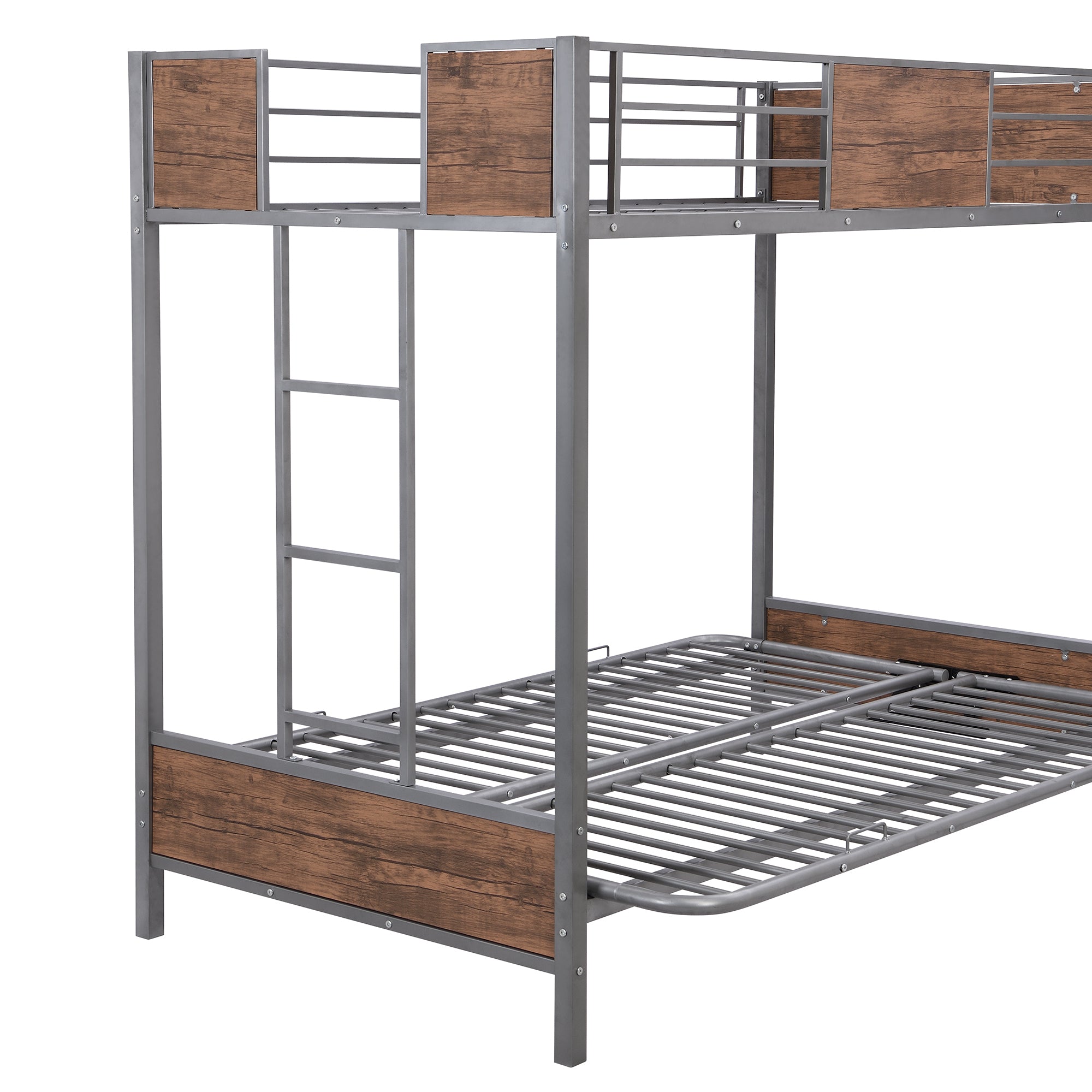 Twin-Over-Futon Bunk Bed, Metal Futon Bunk Bed Frame with Guardrails and Ladder(Gray)(OLD SKU:LP000096AAE)