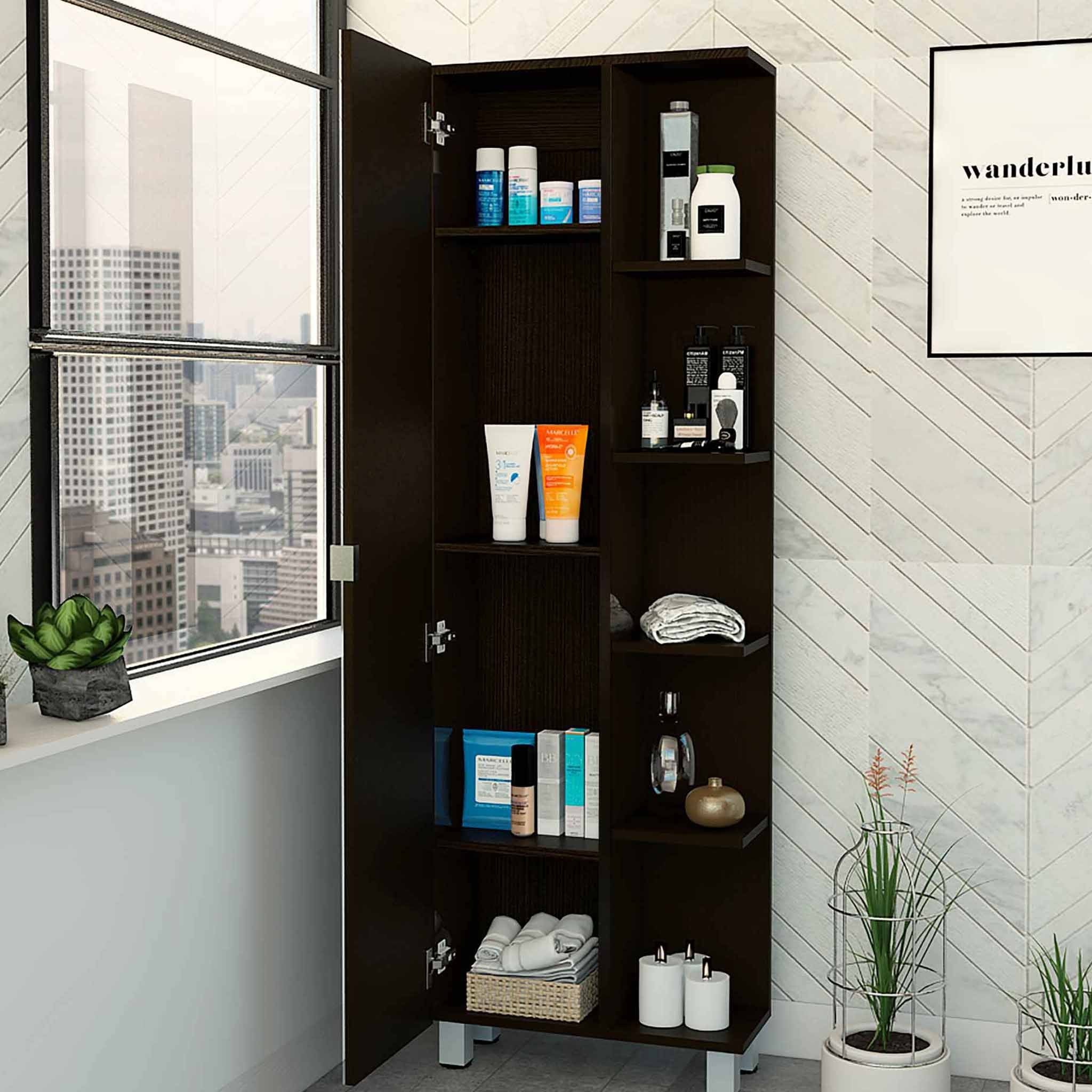 Portland 5-Shelf Linen Cabinet with Mirror Black Wengue