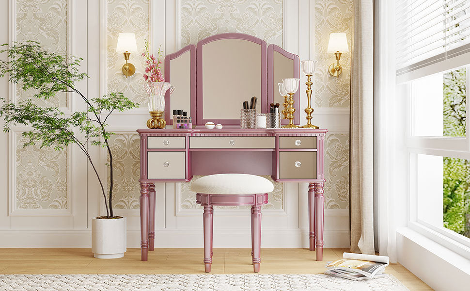 43" Dressing Table Set with Mirrored Drawers and Stool, Tri-fold Mirror, Makeup Vanity Set for Bedroom, Rose Gold