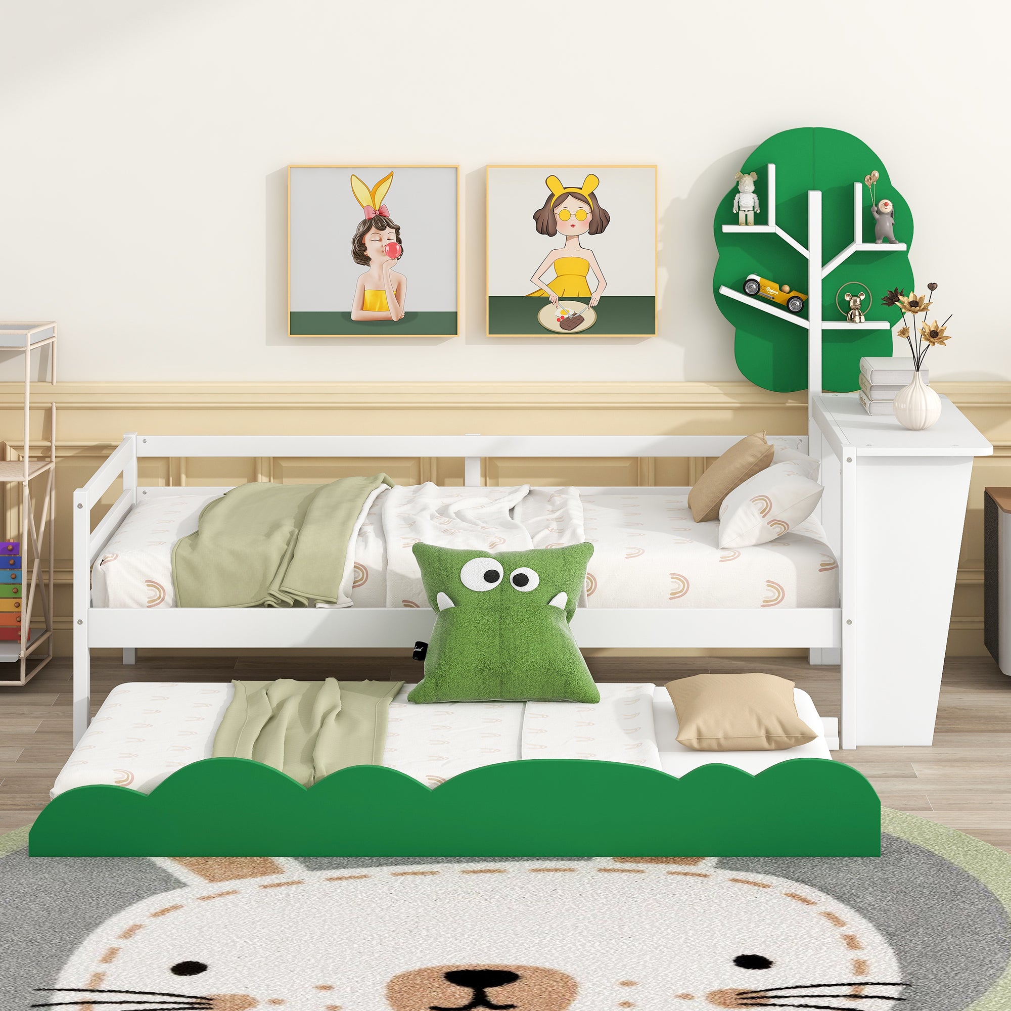 Twin Size Daybed with Desk, Green Tree Shape Shelves and Trundle, White