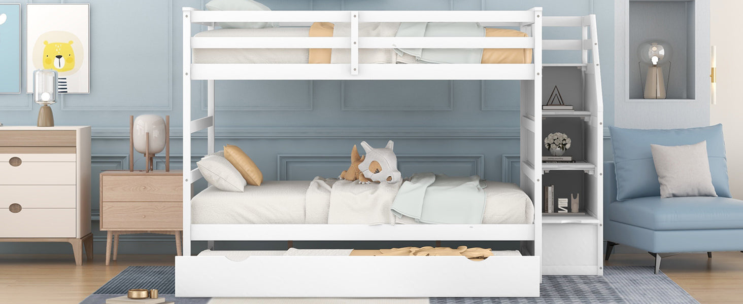 Full-over-Full Bunk Bed with Twin Size Trundle and 3 Storage Stairs,White