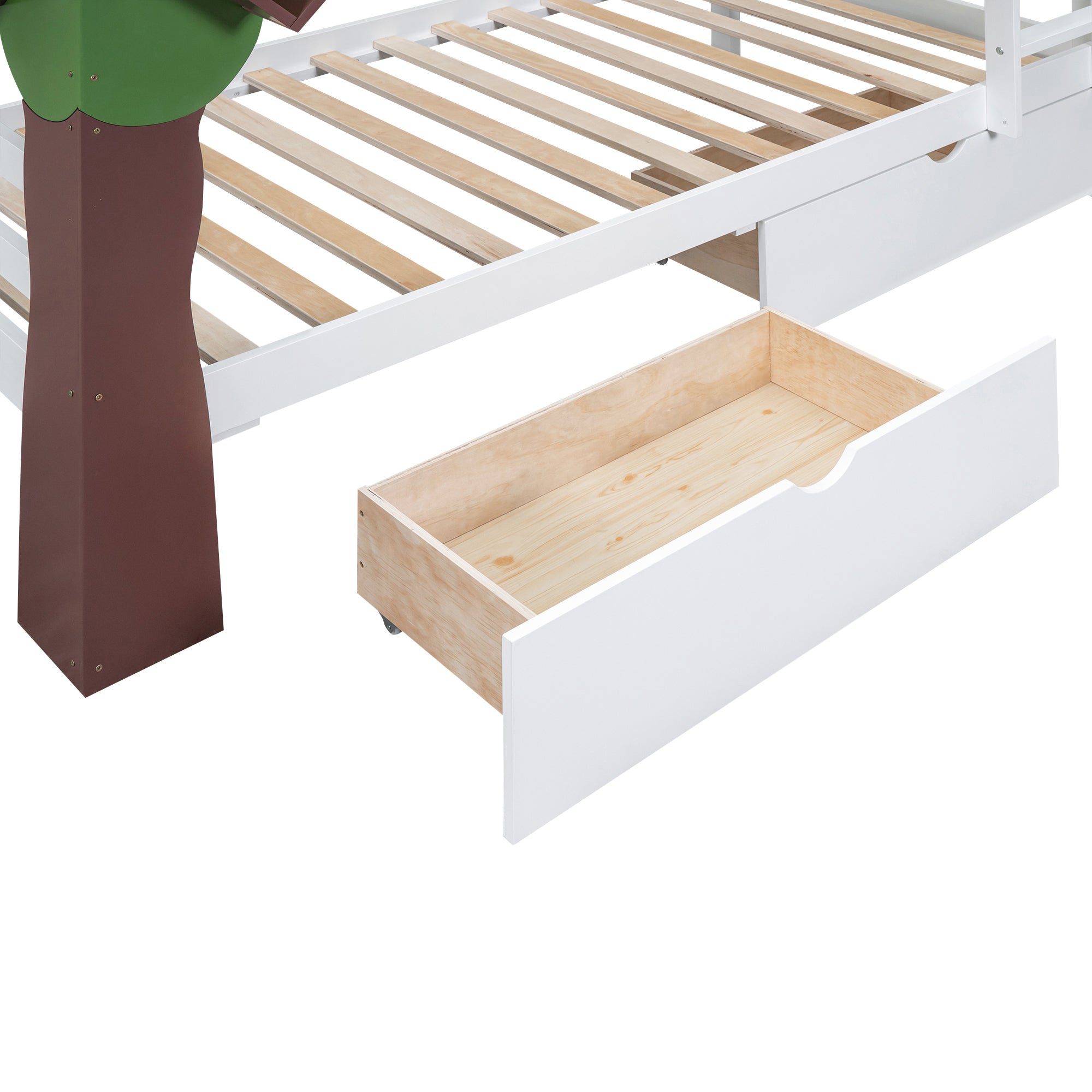 Twin-Over-Twin Bunk Bed with  a Tree Decor and Two Storage Drawers, White