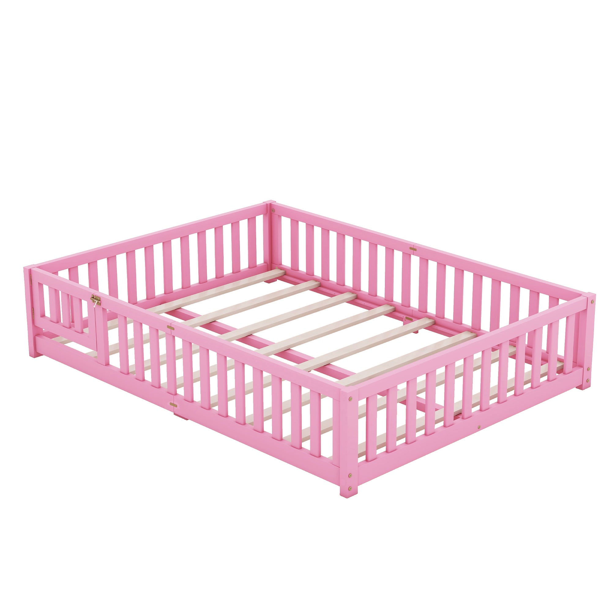 Queen Size Bed Floor Bed with Safety Guardrails and Door for Kids, Pink (Expect Arrival Date Nov.2nd)