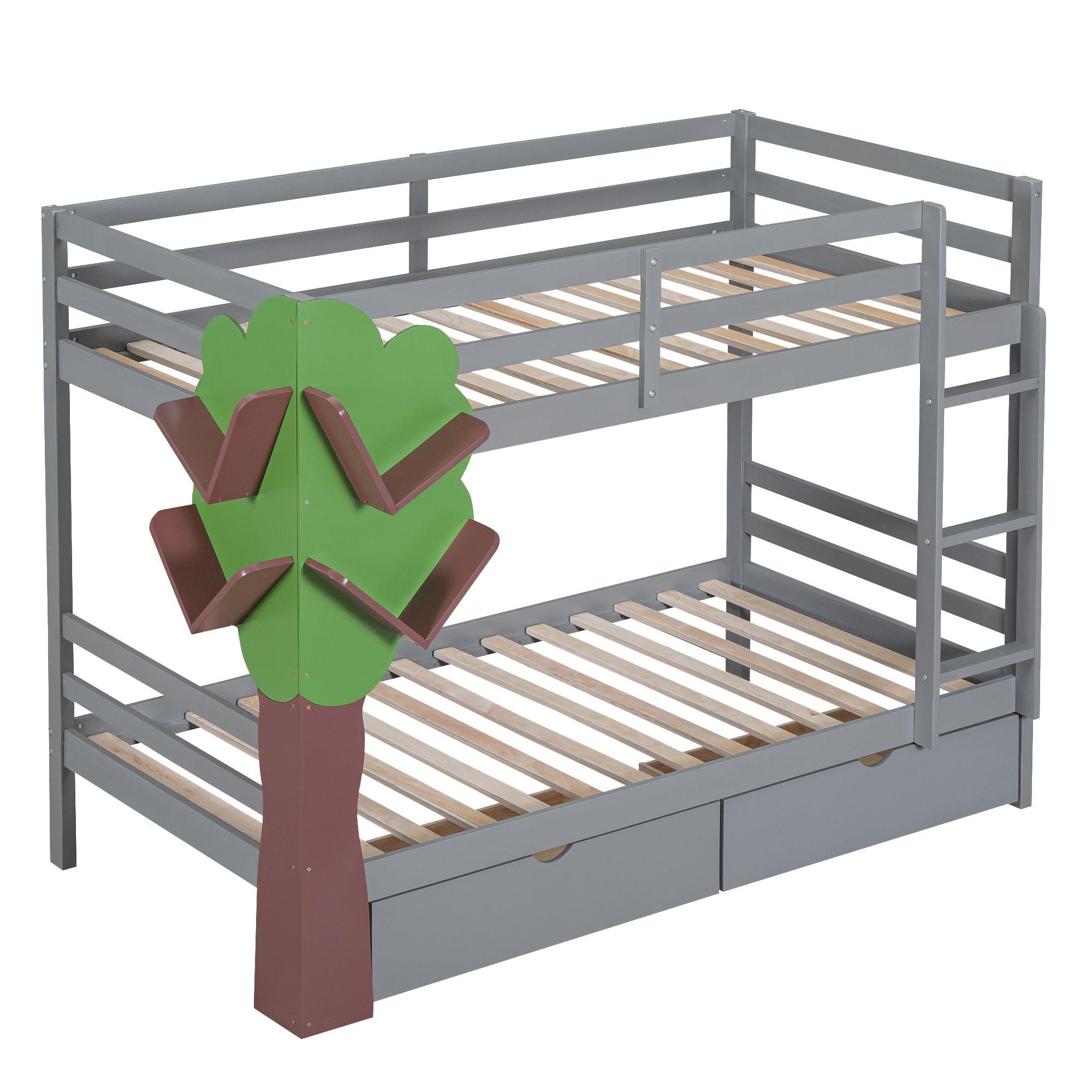 Twin-Over-Twin Bunk Bed with  a Tree Decor and Two Storage Drawers, Gray