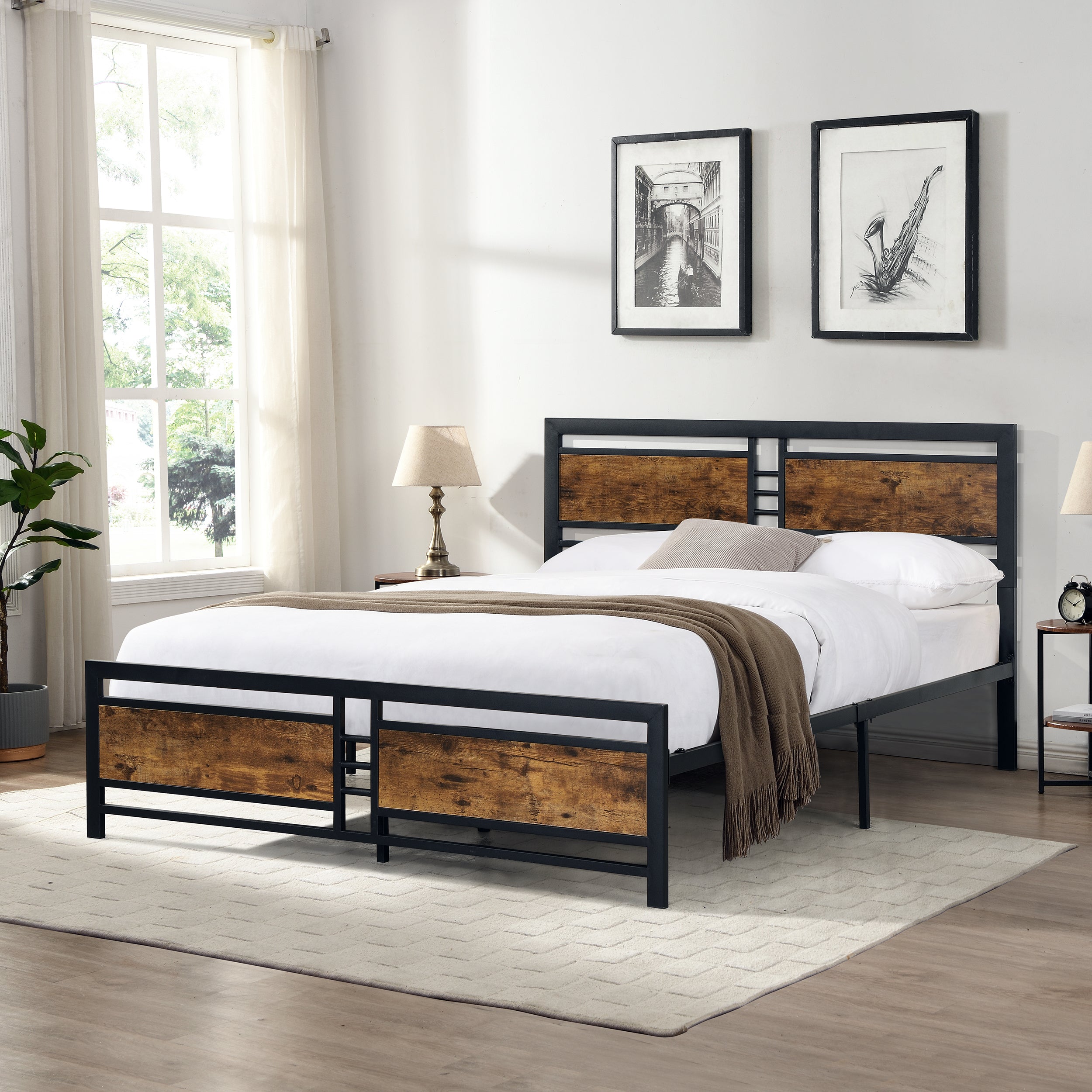 Queen Size Metal Platform Bed Frame with Wood Headboard and Footboard, Heavy Duty Mattress Foundation with Slat Support, Easy Assembly, Noise-Free, No Box Spring Needed