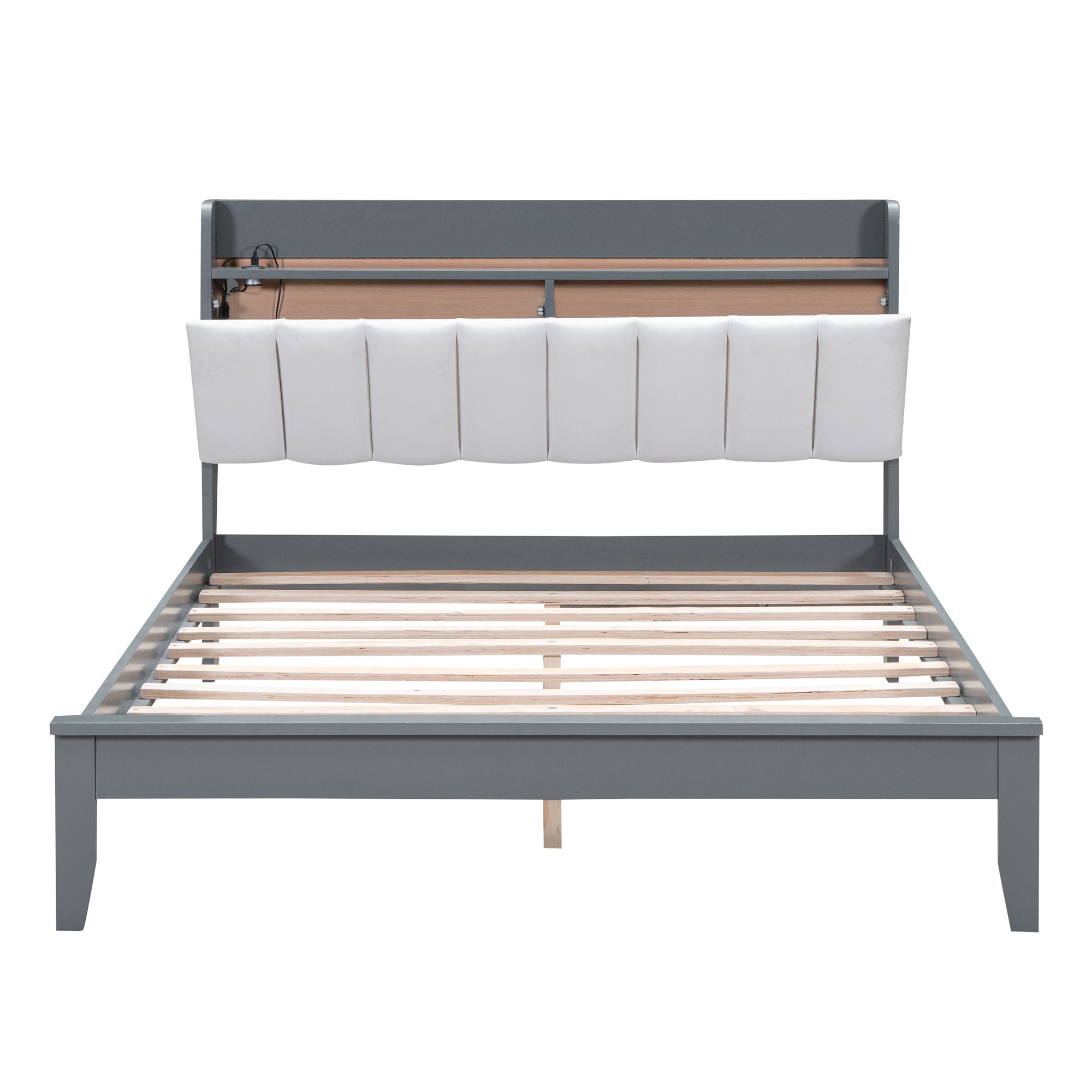Full size Platform Bed with USB Charging Station and Storage Upholstered Headboard,LED Bed Frame,No Box Spring Needed,Gray+White