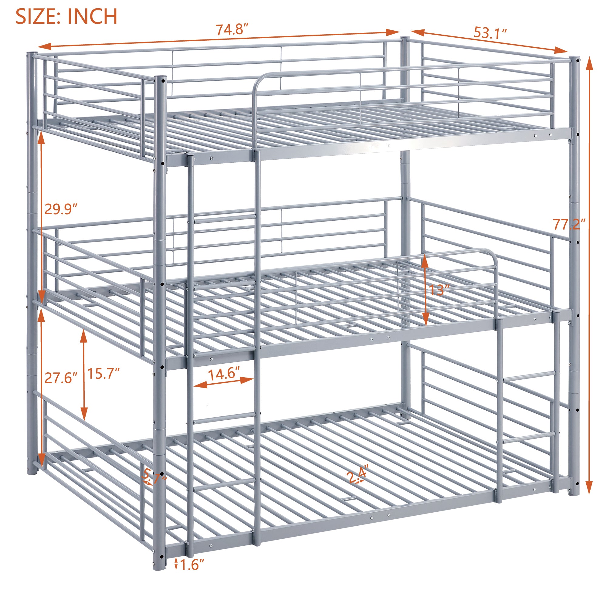 Full-Full-Full Metal  Triple Bed  with Built-in Ladder, Divided into Three Separate Beds,Gray(OLD SKU:LP000297AAE)
