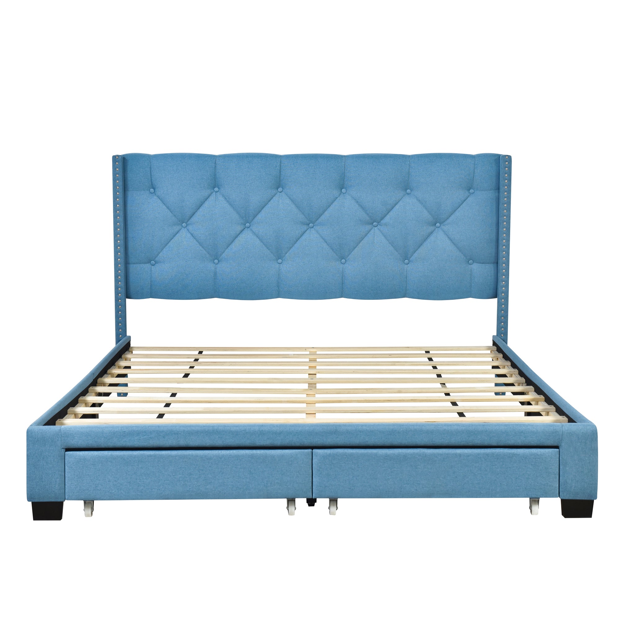 Queen Size Storage Bed Linen Upholstered Platform Bed with Two Drawers - Blue
