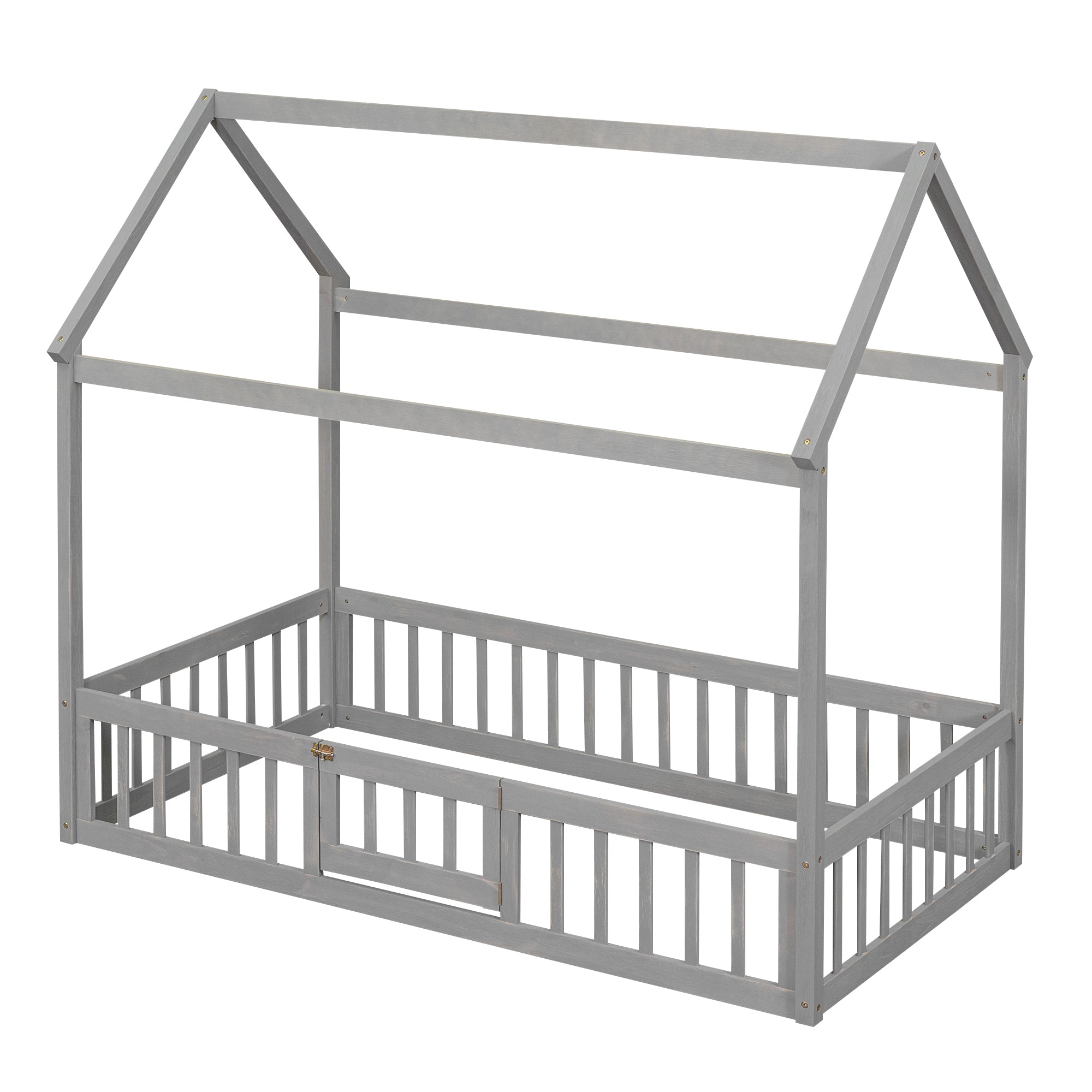 Twin Size Wood House Bed with Fence and Door, Gray Wash