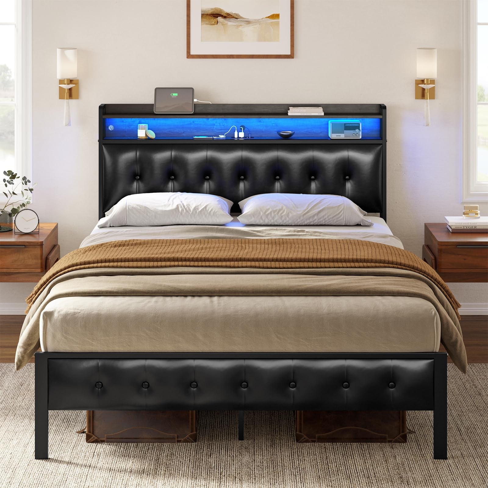 Hausource Full Bed Frame with Storage Headboard & Footboard Platform Bed with LED Lights No Box Spring Needed - Black