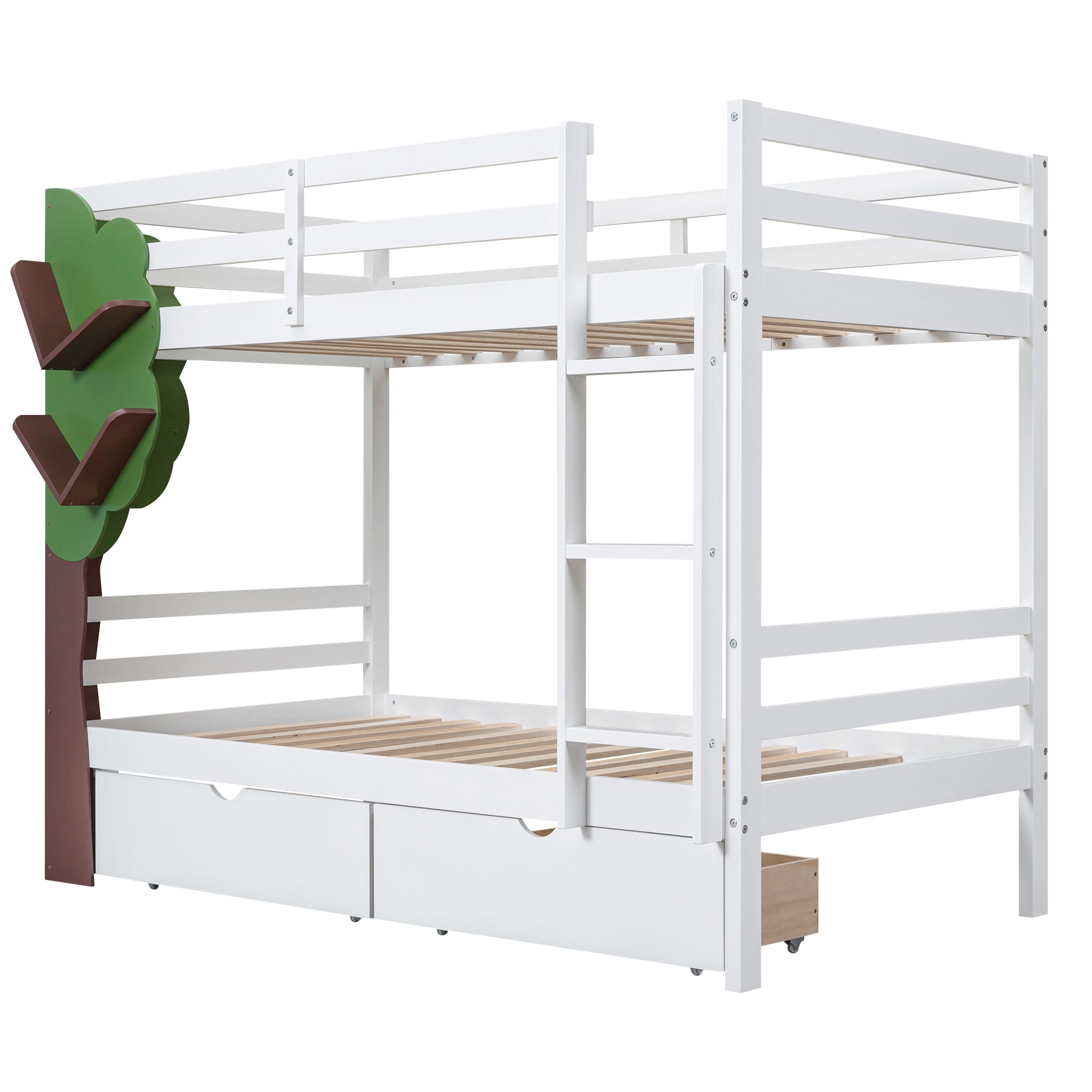 Twin-Over-Twin Bunk Bed with  a Tree Decor and Two Storage Drawers, White
