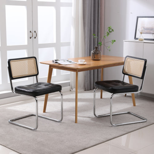 Modern Industrial Upholstered Chairs with Rattan Backrest (Set of 2)